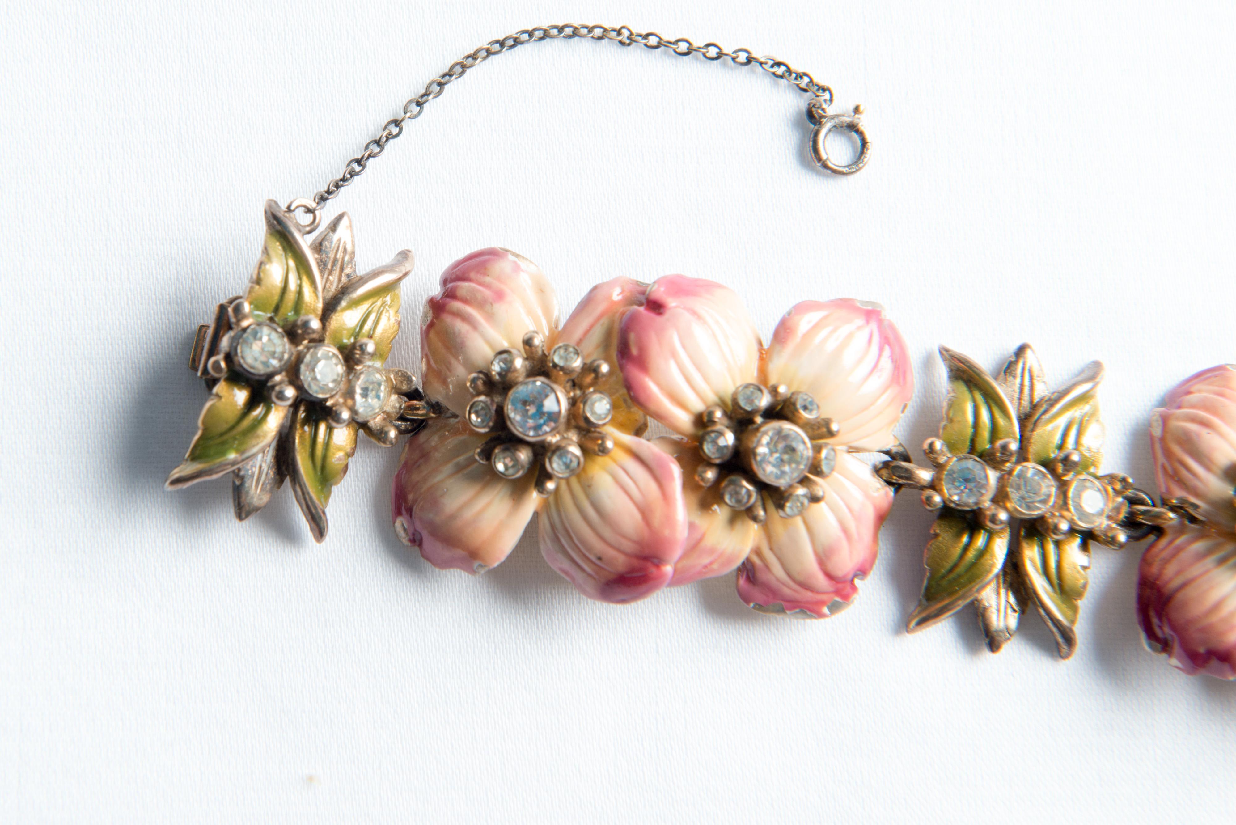 Vintage Enameled Pink Flower Bracelet For Sale 3
