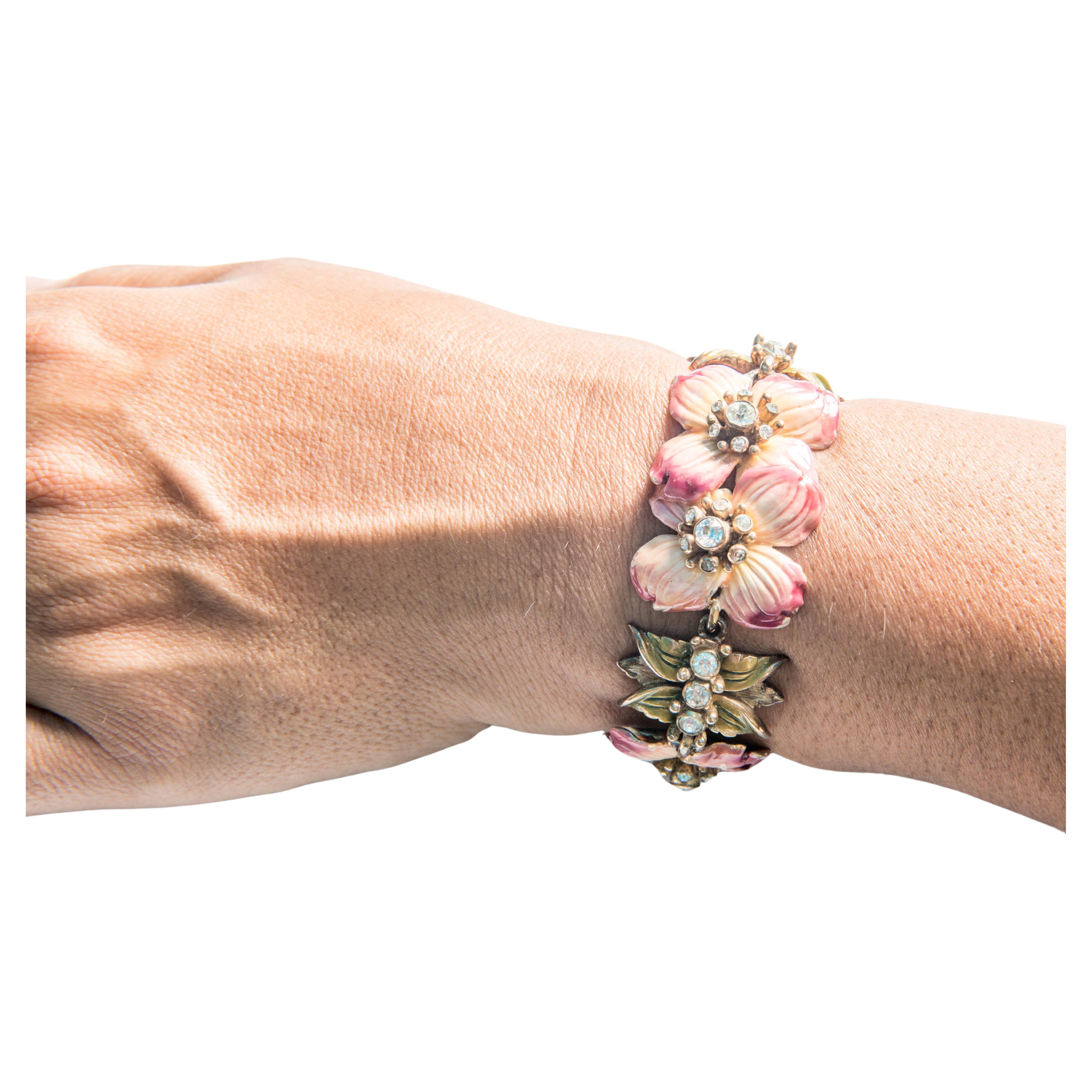 Vintage Enameled Pink Flower Bracelet