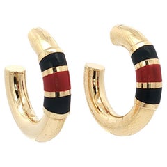 Vintage Enameled Red and Blue 18 Karat Yellow Gold Hoop Earrings