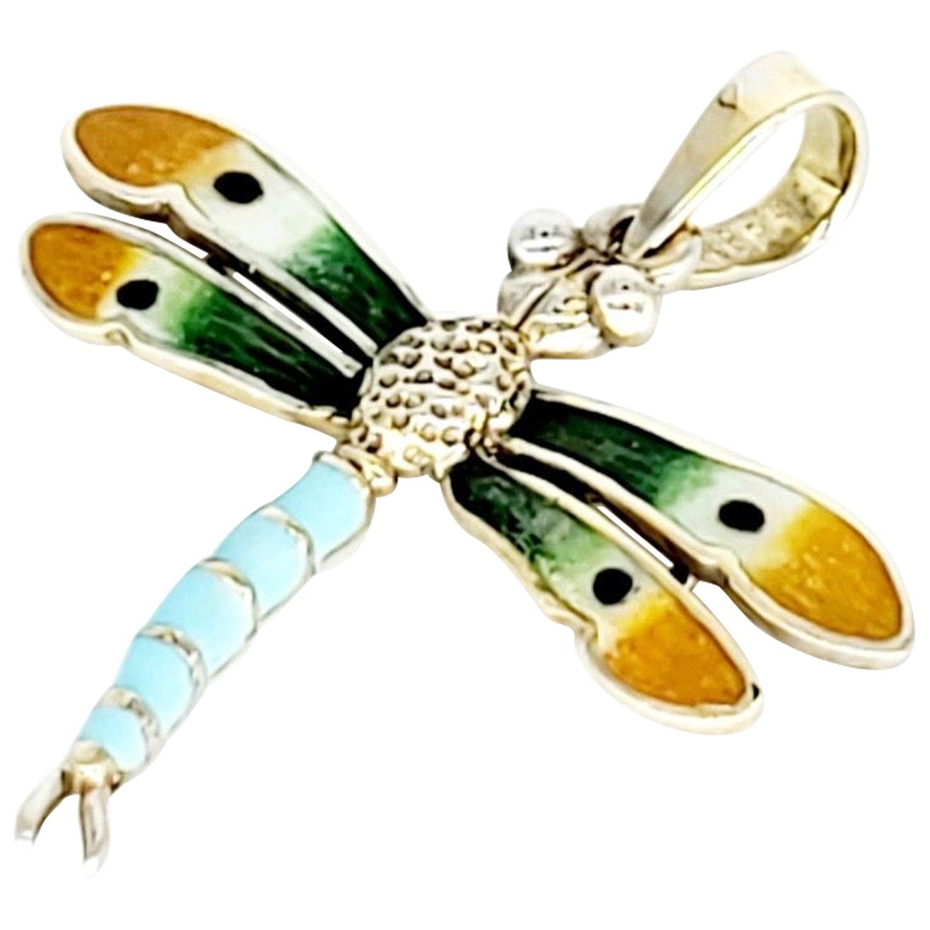 Vintage Enameled Turquoise Dragonfly Pendant 14 Karat Gold For Sale