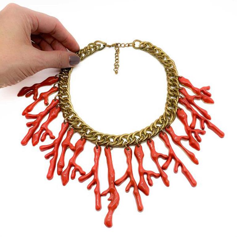 Vintage Enamelled Coral Statement Bib Necklace 1980S In Good Condition For Sale In Wilmslow, GB