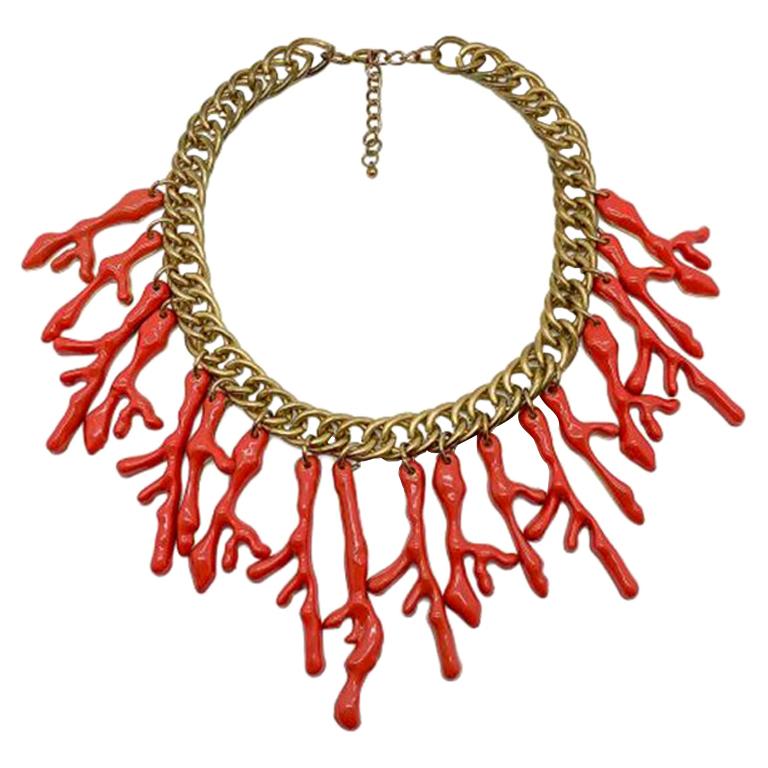 Vintage Enamelled Coral Statement Bib Necklace 1980S For Sale at 1stDibs