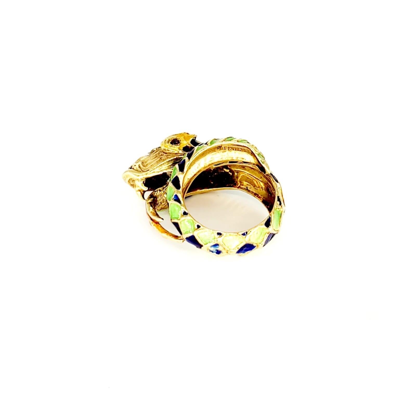 Women's or Men's Vintage Enameled Diamond Snake Ring 18 Karat Gold For Sale