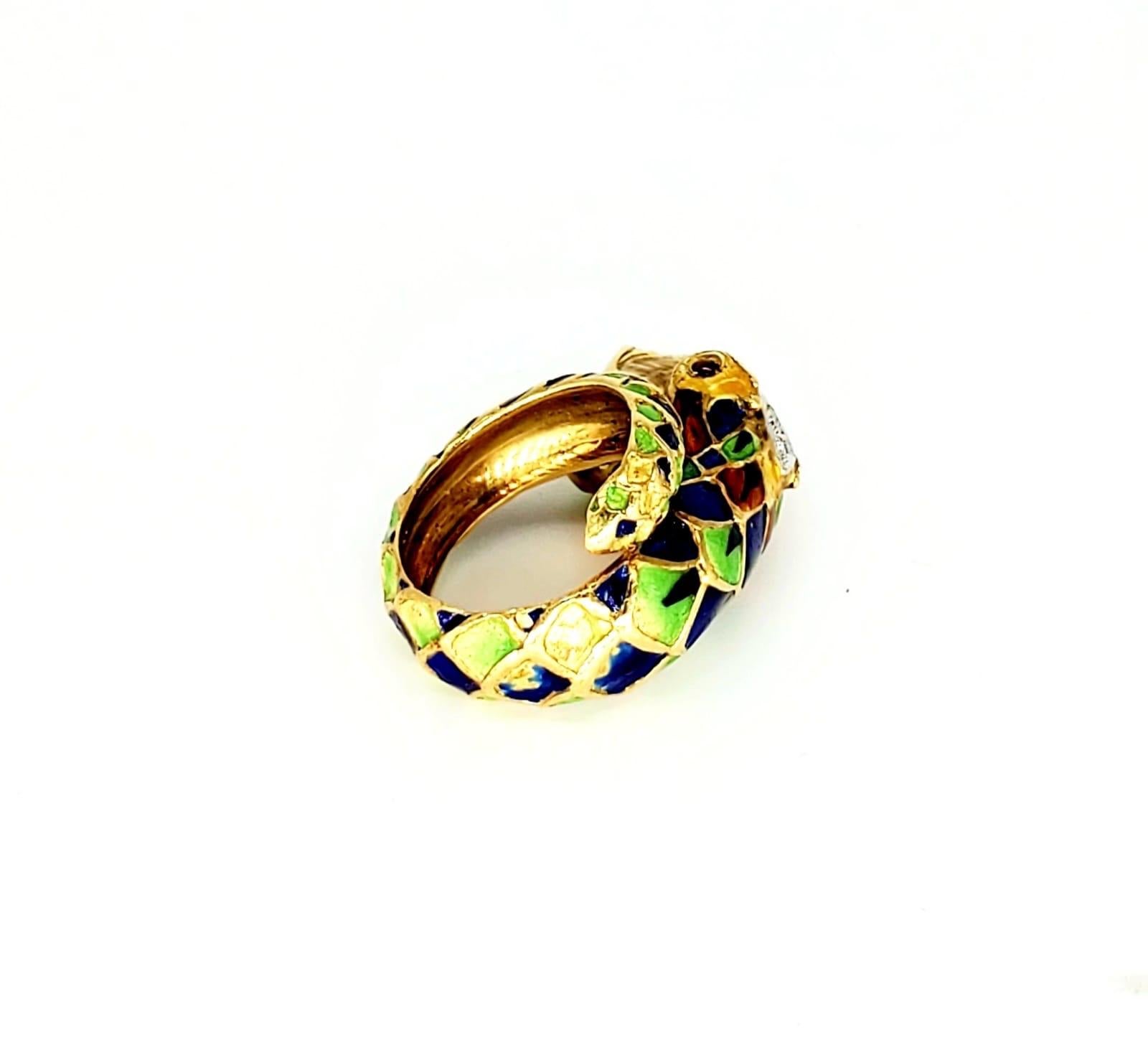 Vintage Enameled Diamond Snake Ring 18 Karat Gold For Sale 1