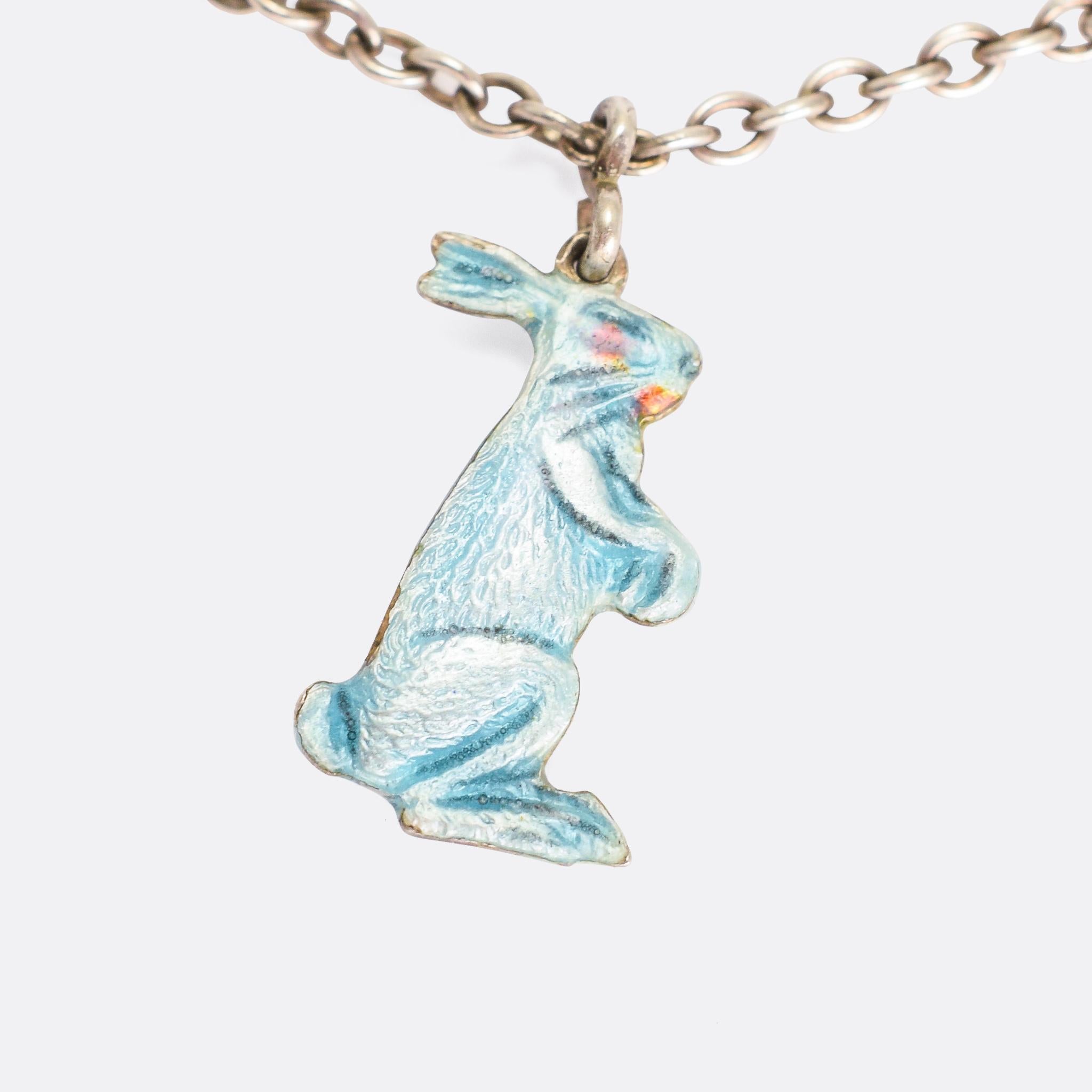 A sweet vintage charm bracelet dating from the 1930s. It features an elepahant, a polar bear, and a hare – each one with textured fur / skin and finished in light blue enamel. It’s a lovely piece, fashioned in sterling silver.

MEASUREMENTS
Wearable