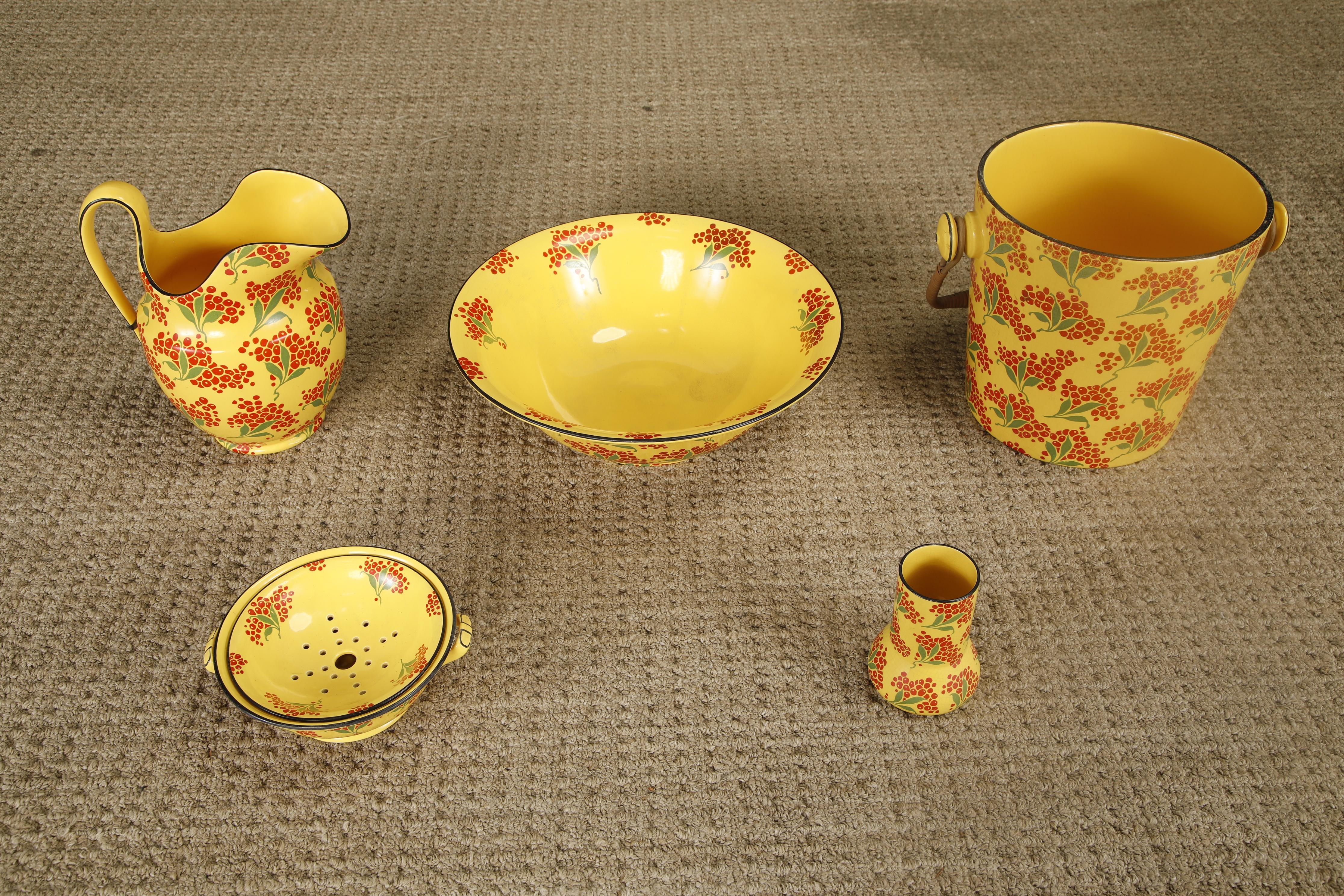 Mid-Century Modern Vintage Enamelware Five-Piece Wash Set in Yellow with Red Berry Motif, c 1950s For Sale