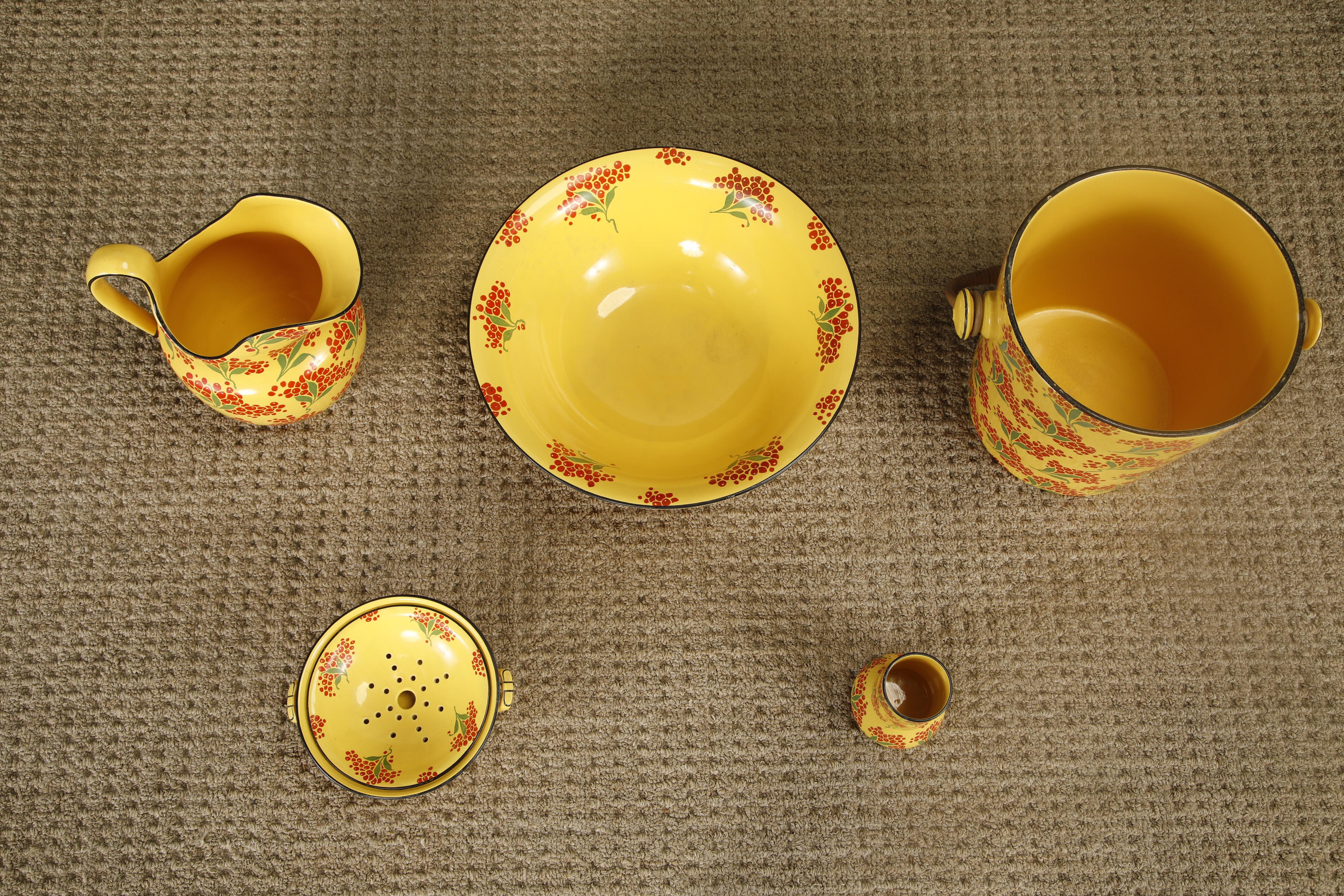 American Vintage Enamelware Five-Piece Wash Set in Yellow with Red Berry Motif, c 1950s For Sale