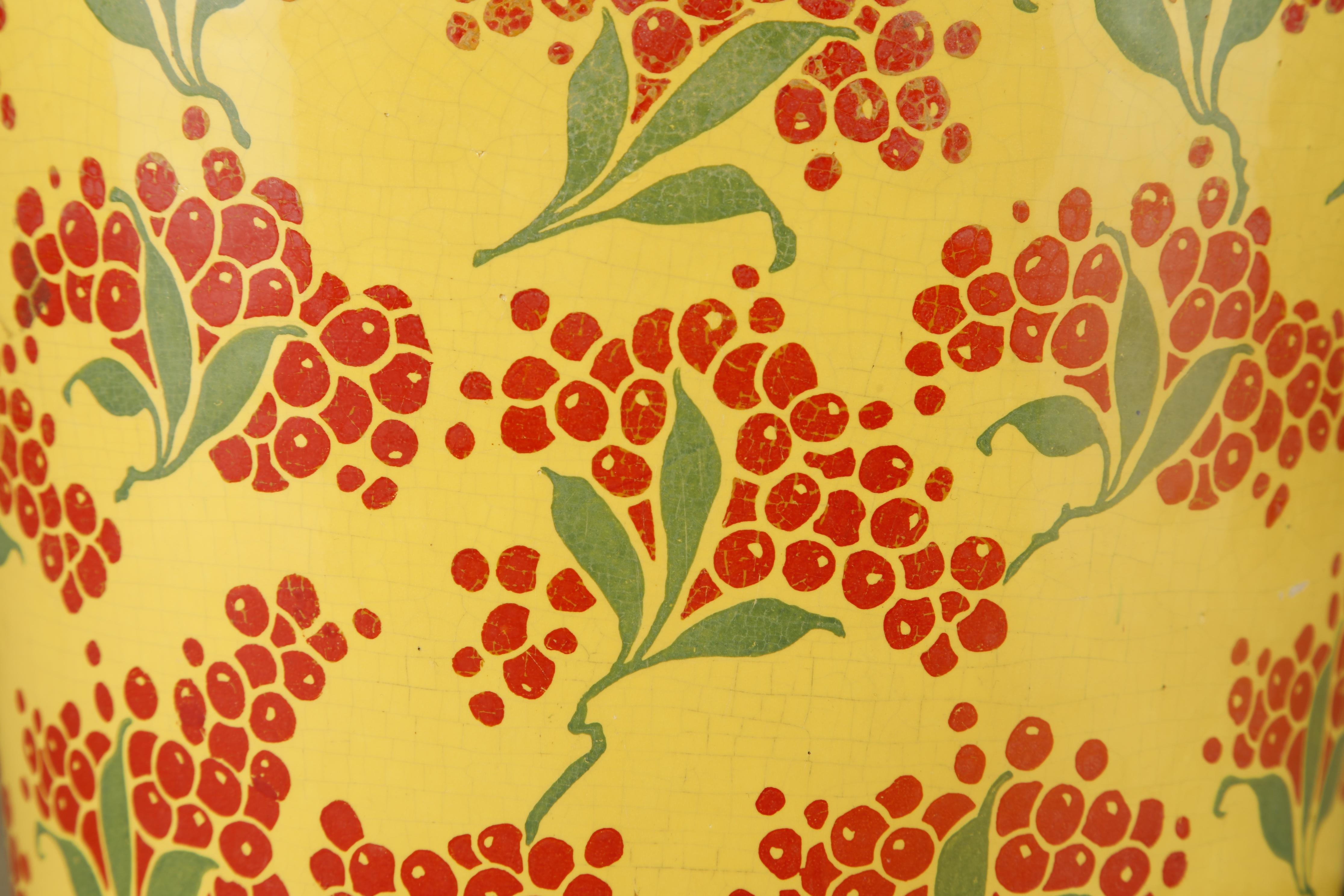 Ceramic Vintage Enamelware Five-Piece Wash Set in Yellow with Red Berry Motif, c 1950s For Sale