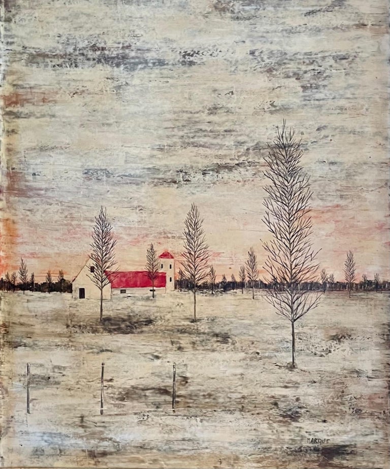 Vintage Encaustic Americana Folk Art Landscape Painting at 1stDibs