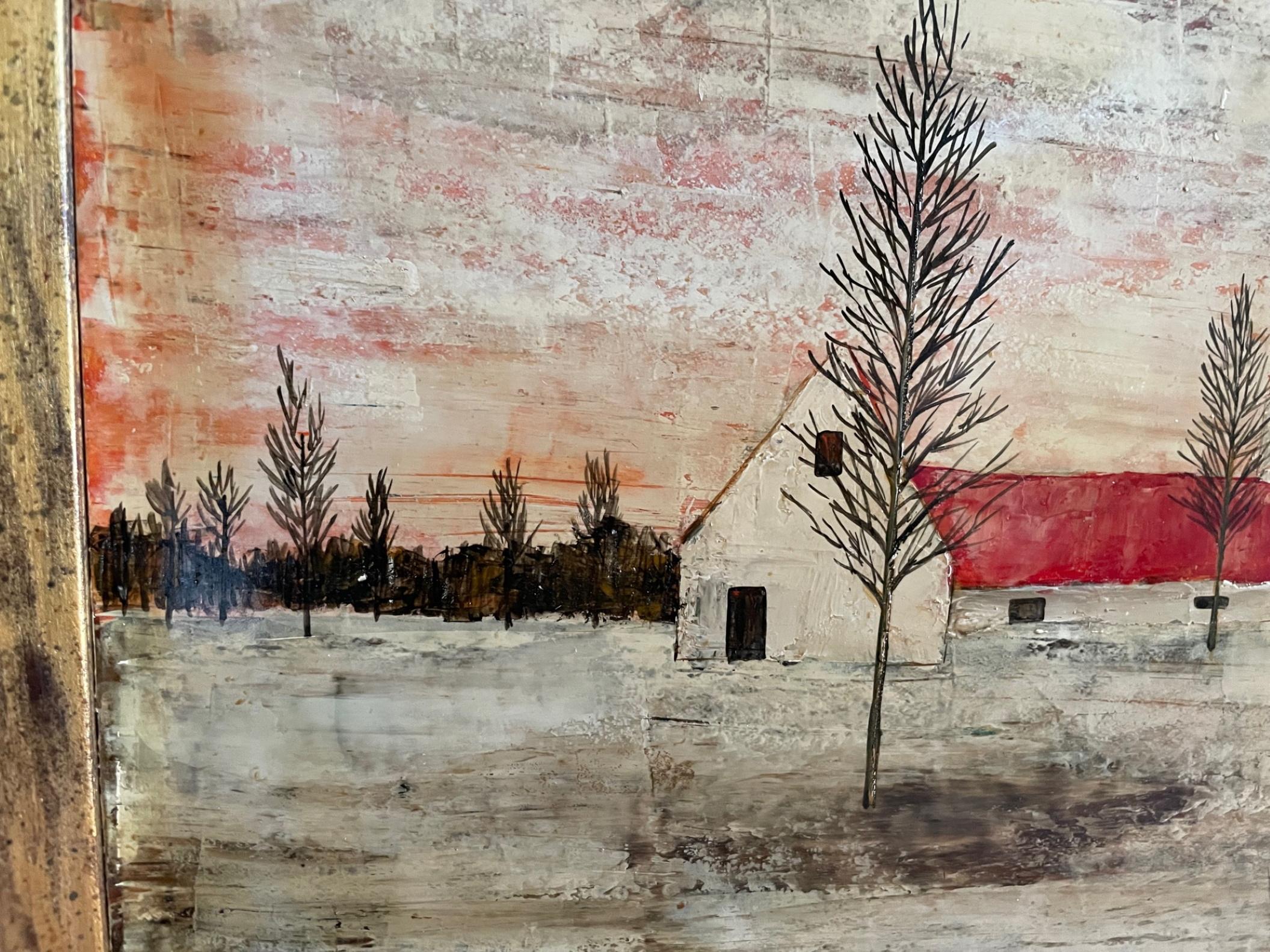 Mid-Century Modern Vintage Encaustic Americana Folk Art Landscape Painting