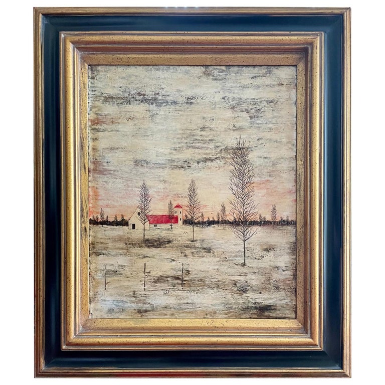 Vintage Encaustic Americana Folk Art Landscape Painting at 1stDibs