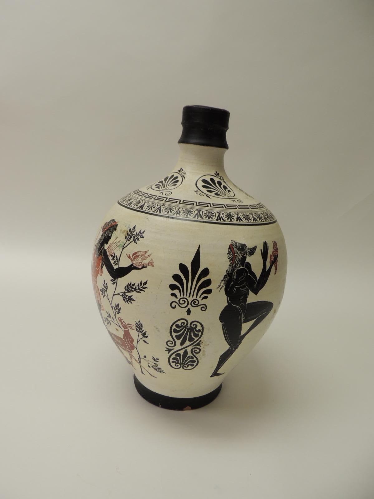 Vintage encaustic hand painted terracotta Greek water jug with handle. Tall hand painted jar depicting traditional Greek mythology figures and Greek key pattern in shades of white, black, pink, orange, green and gold. There are many animals