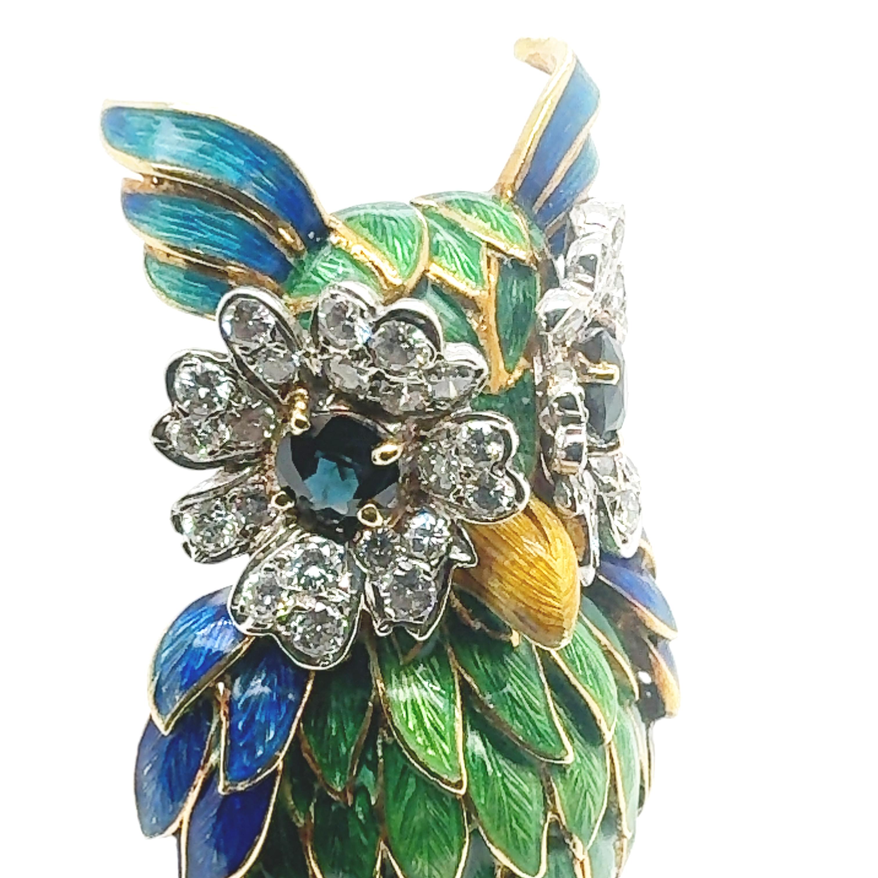 Art Deco Vintage Enchanted Enamel Sapphire & Diamond Forest Owl Brooch For Sale