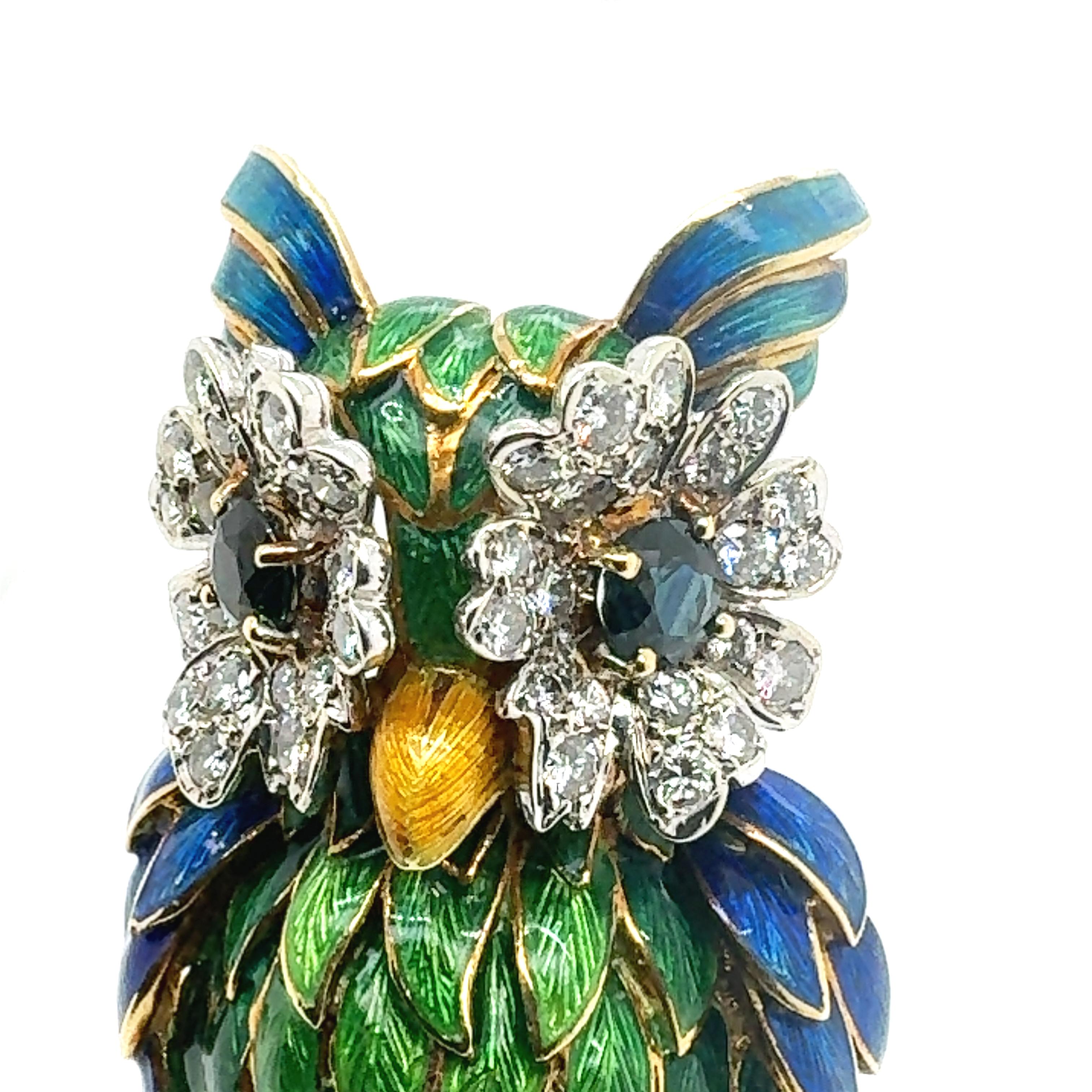 Brilliant Cut Vintage Enchanted Enamel Sapphire & Diamond Forest Owl Brooch For Sale