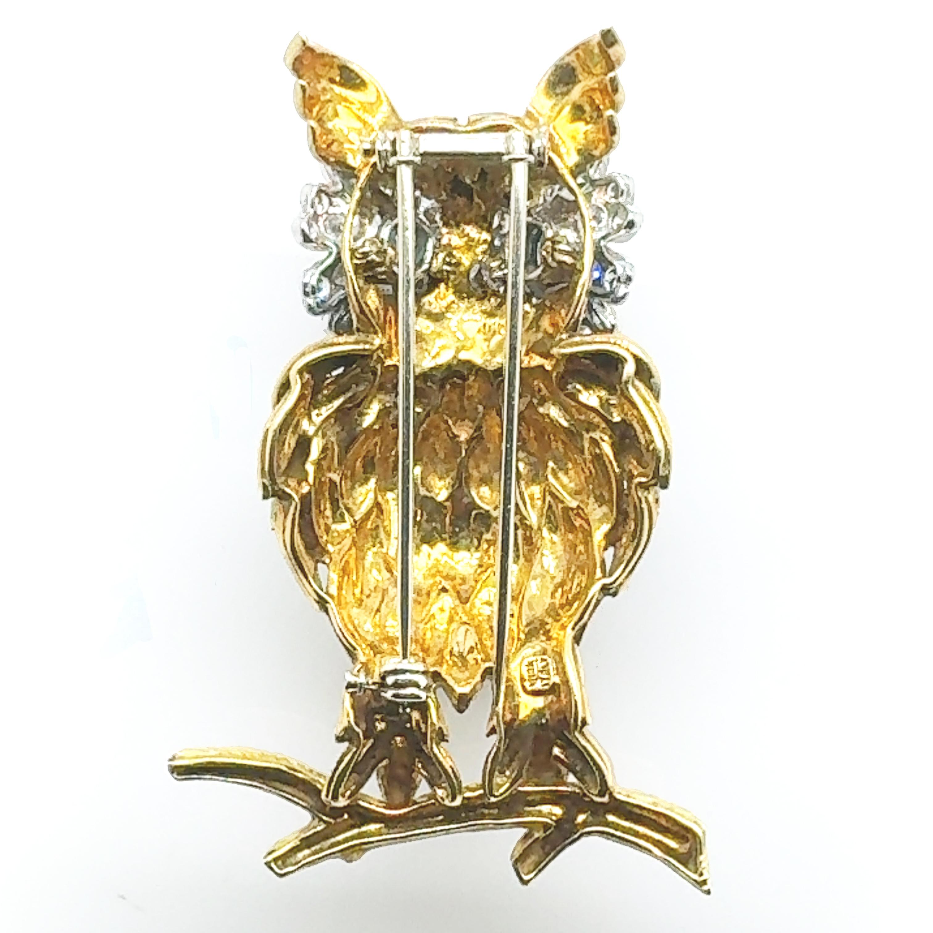 Vintage Enchanted Enamel Sapphire & Diamond Forest Owl Brooch In Excellent Condition For Sale In Duluth, US