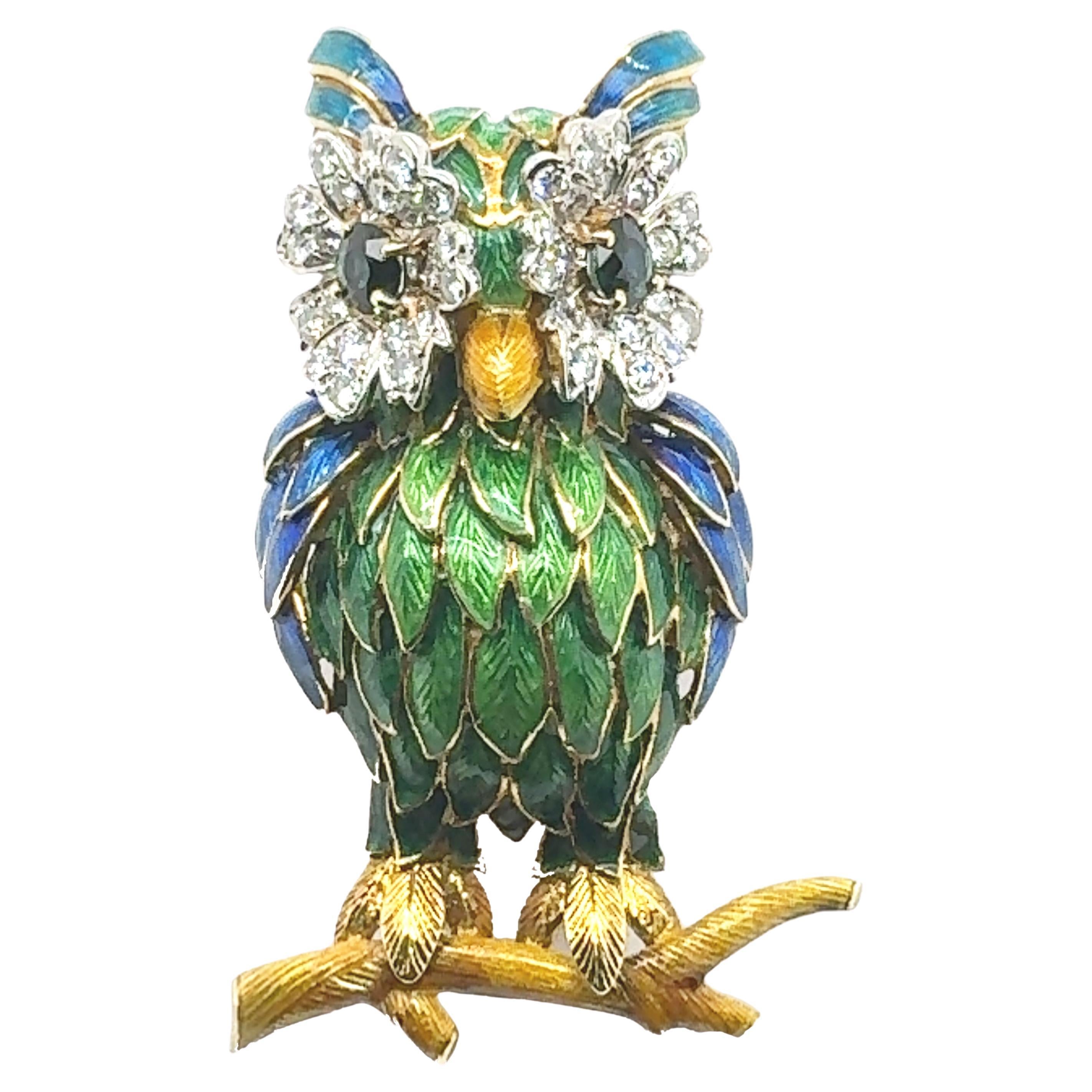 Broche Búho del Bosque Vintage Enchanted Enamel Sapphire & Diamond