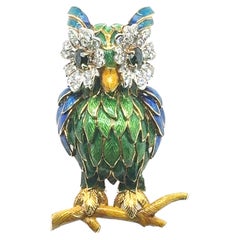 Vintage Enchanted Enamel Sapphire & Diamond Forest Owl Brooch