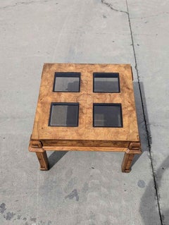 Vintage End Table, Square, Burl Wood, Smoked Glass, Solid Wood, Mid Century, 70s