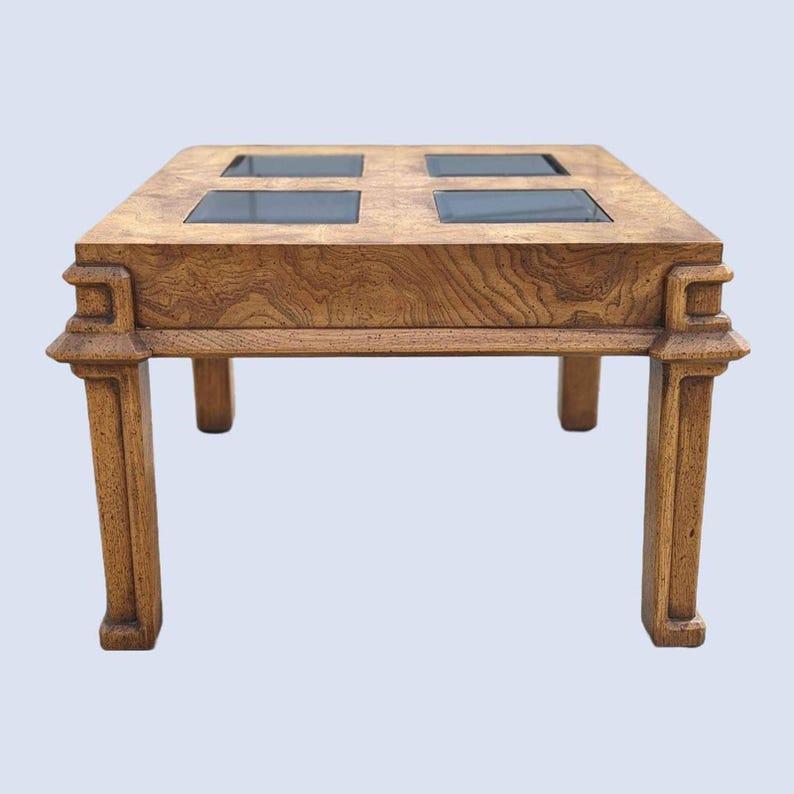 Sconosciuto Tavolino vintage, quadrato, legno di radica, vetro fumé, legno massiccio, metà secolo, anni '70 in vendita
