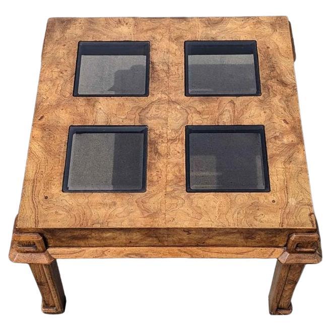 Tavolino vintage, quadrato, legno di radica, vetro fumé, legno massiccio, metà secolo, anni '70 in vendita