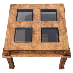 Vintage End Table, Square, Burl Wood, Smoked Glass, Solid Wood, Mid Century, 70s