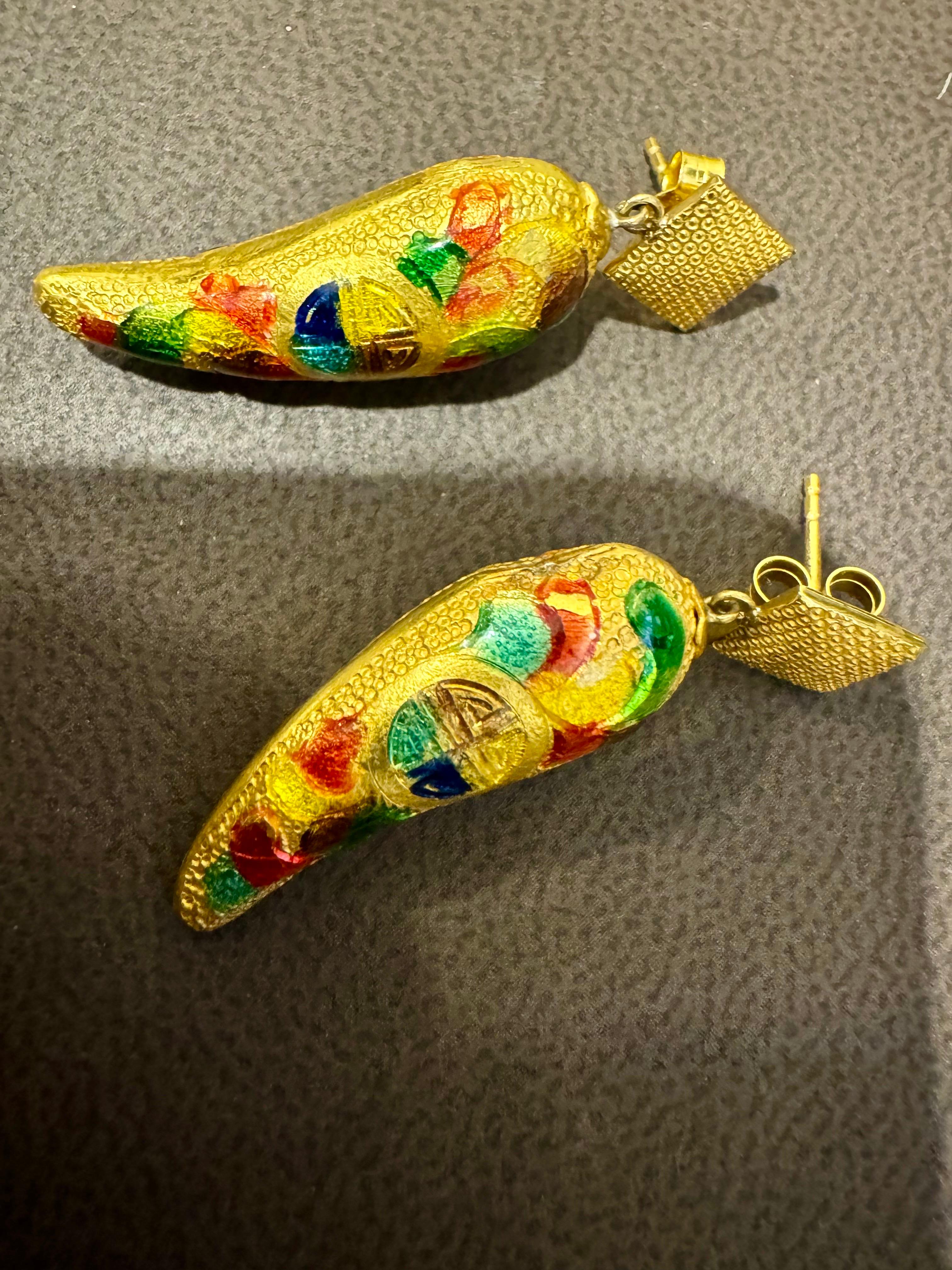 Enemel Vintage  Oro Amarillo 14 Kt 10.4 Gm  Pendientes colgantes, 2,5 cm de largo en Excelente estado para la venta en New York, NY