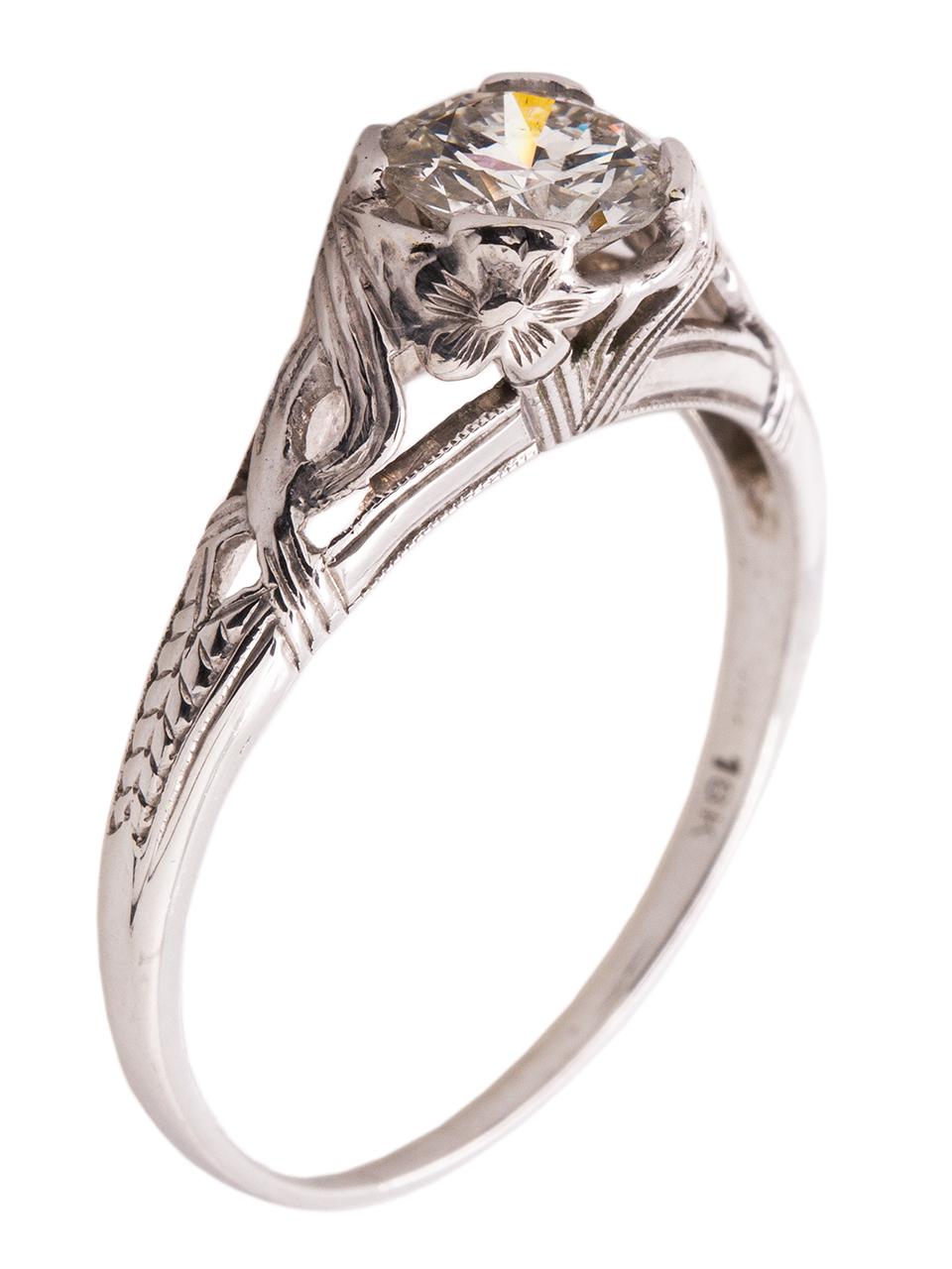 Round Cut Vintage Engagement 18 Karat WG Engagement Ring 0.72 Carat OEC H-VS1, circa 1920s For Sale