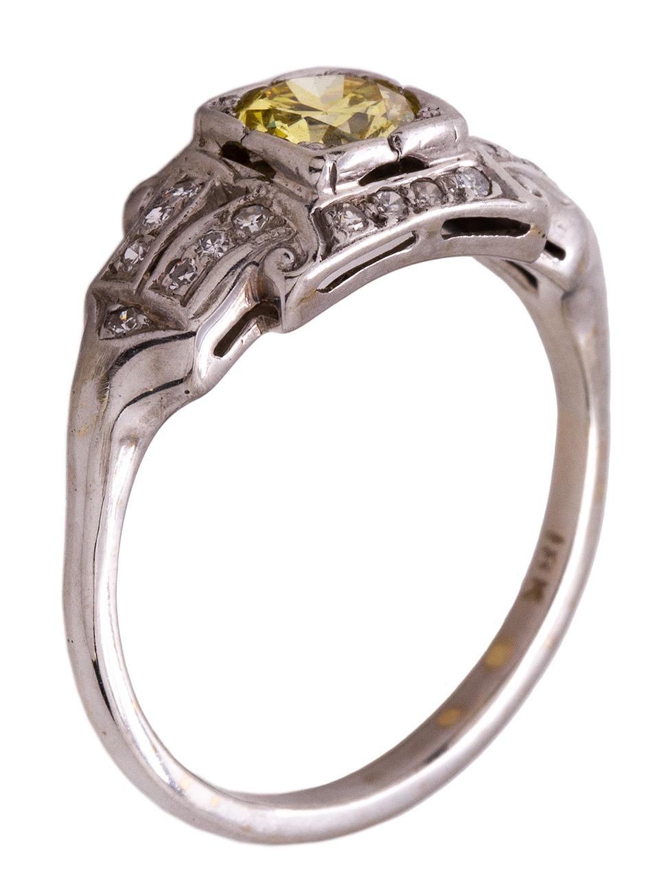 Art Deco Vintage Engagement Ring 18K 0.55ct Intense Fancy Yellow-VS2 Transitional Cut  For Sale