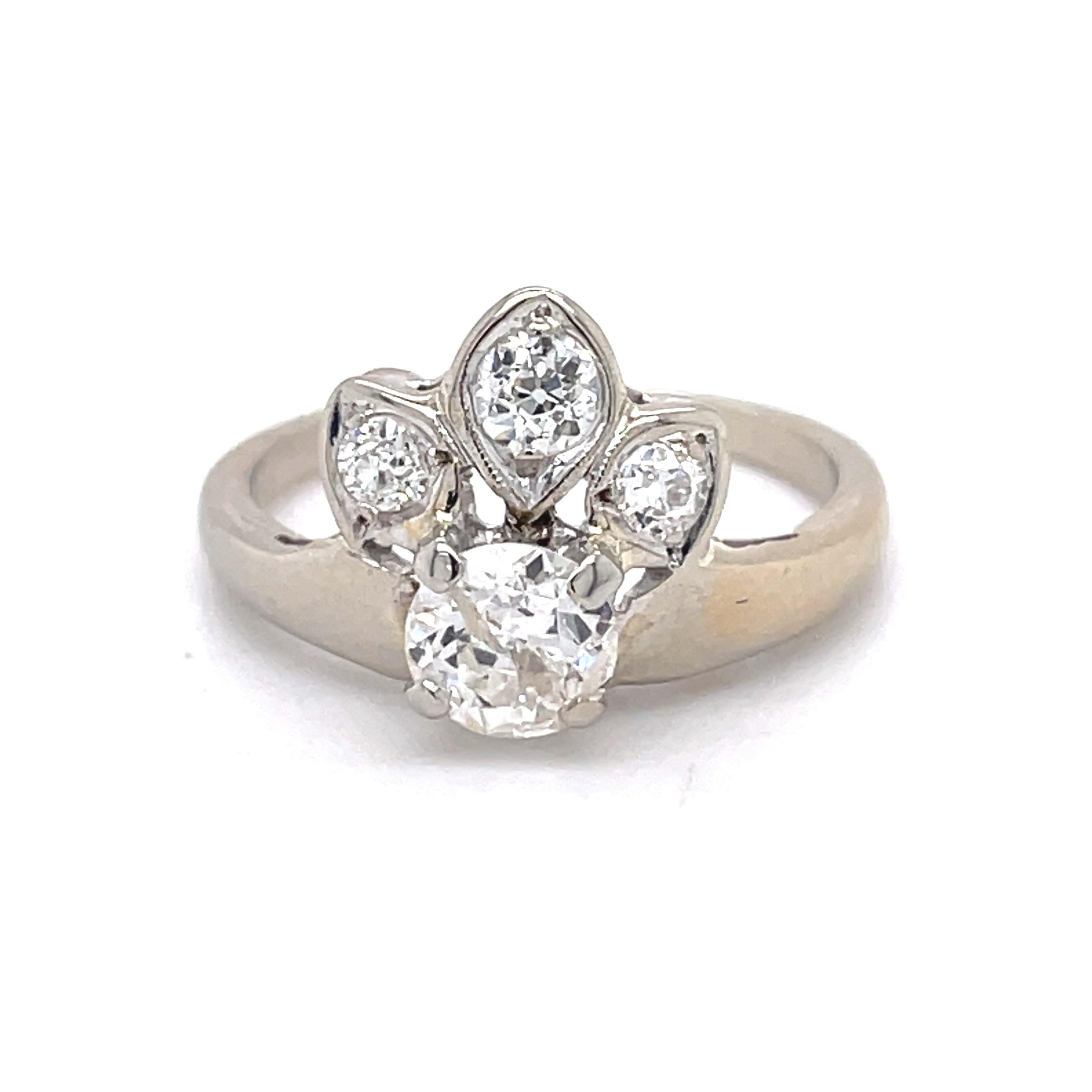 Women's or Men's Vintage Engagement Ring - 1CT Old European Natural Diamonds, 14k White Gold For Sale