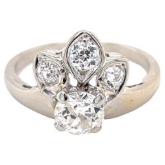 Bague de fiançailles vintage en or blanc 14 carats avec diamants naturels européens anciens de 1 carat