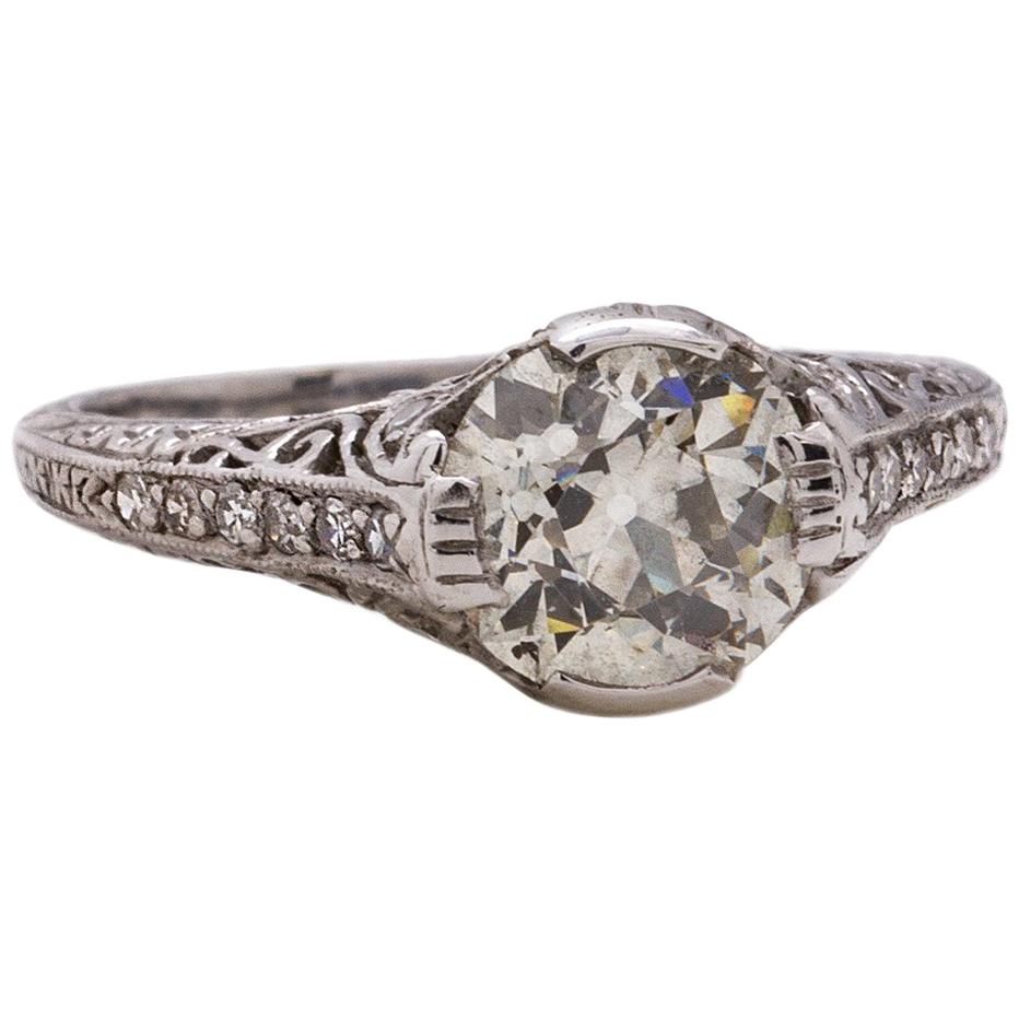 Vintage Engagement Ring Platinum 1.59 Carat Old European Cut Diamond J-SI1 For Sale