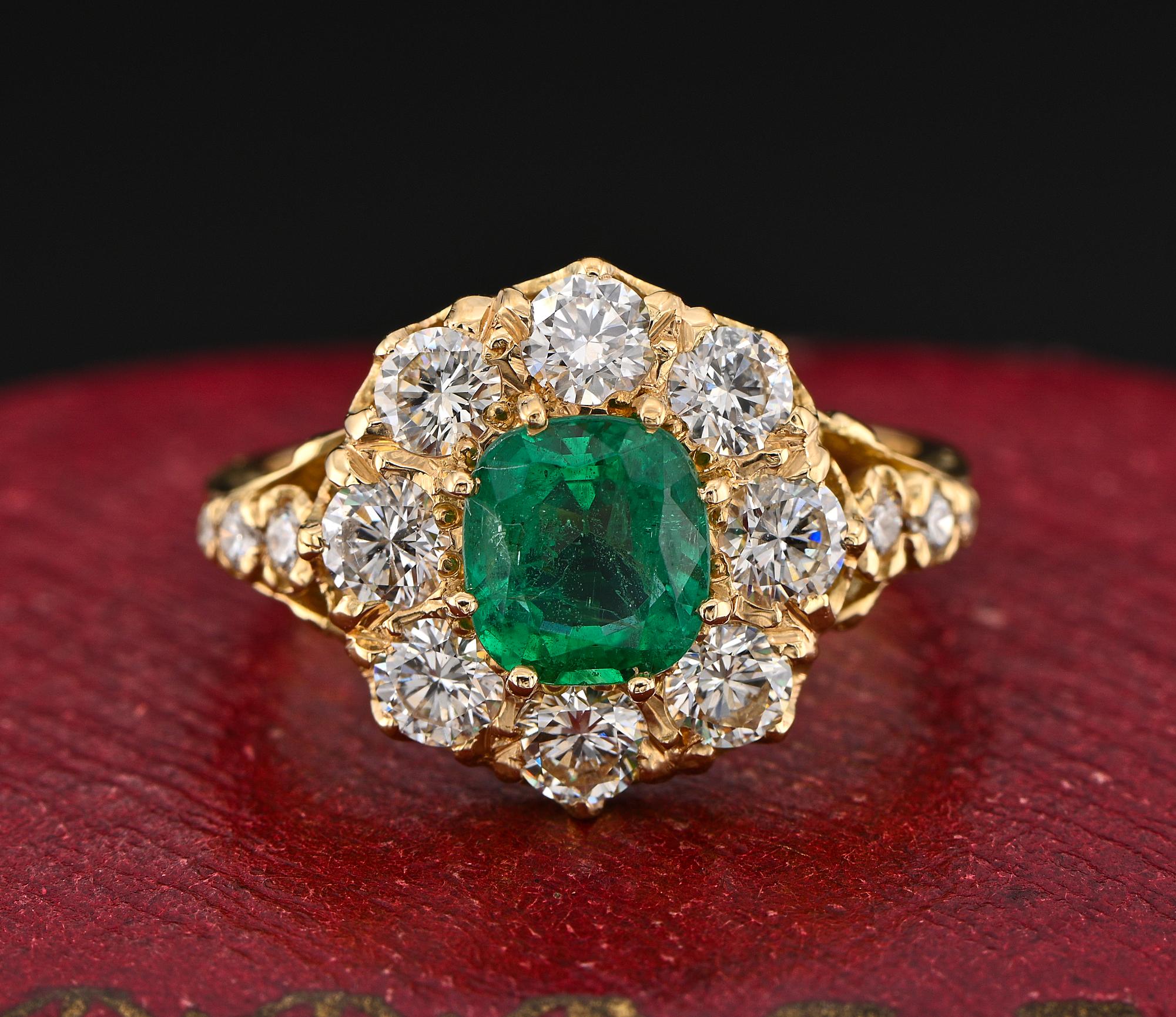 Art Deco Vintage English 1.30 Ct Colombian Emerald 1.60 Ct Diamond Cluster Ring For Sale