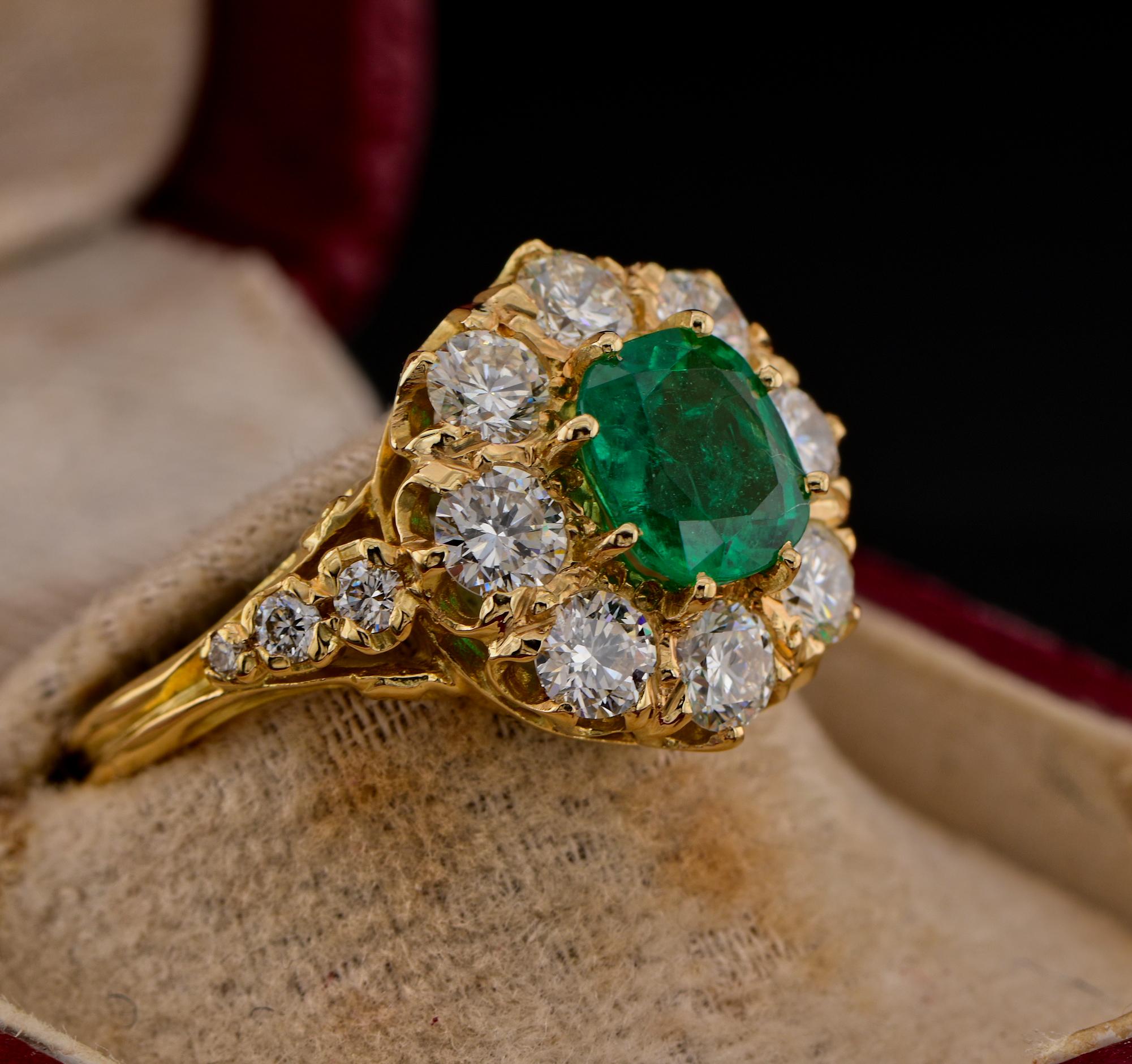 Antique Cushion Cut Vintage English 1.30 Ct Colombian Emerald 1.60 Ct Diamond Cluster Ring For Sale