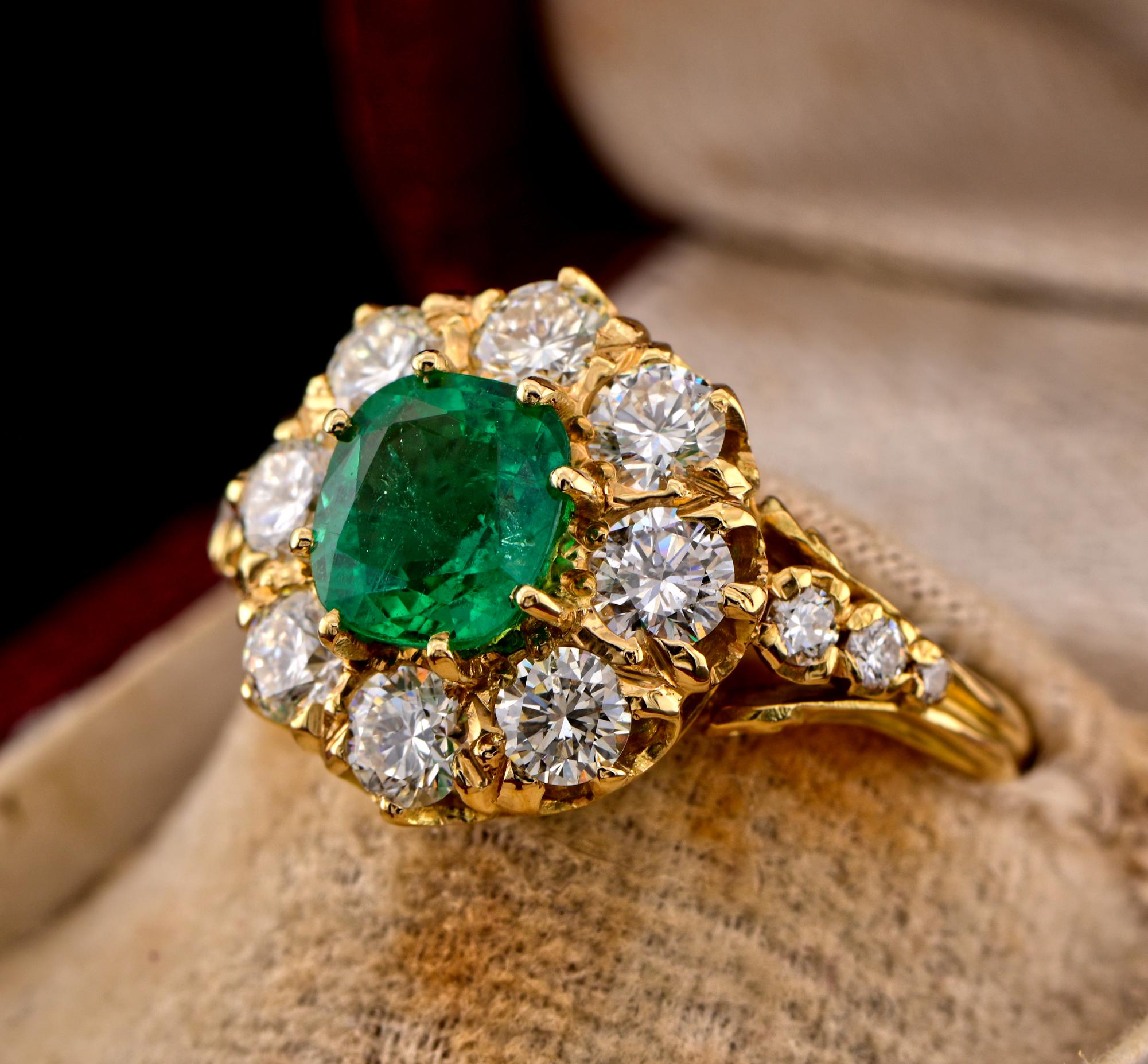 Women's Vintage English 1.30 Ct Colombian Emerald 1.60 Ct Diamond Cluster Ring For Sale