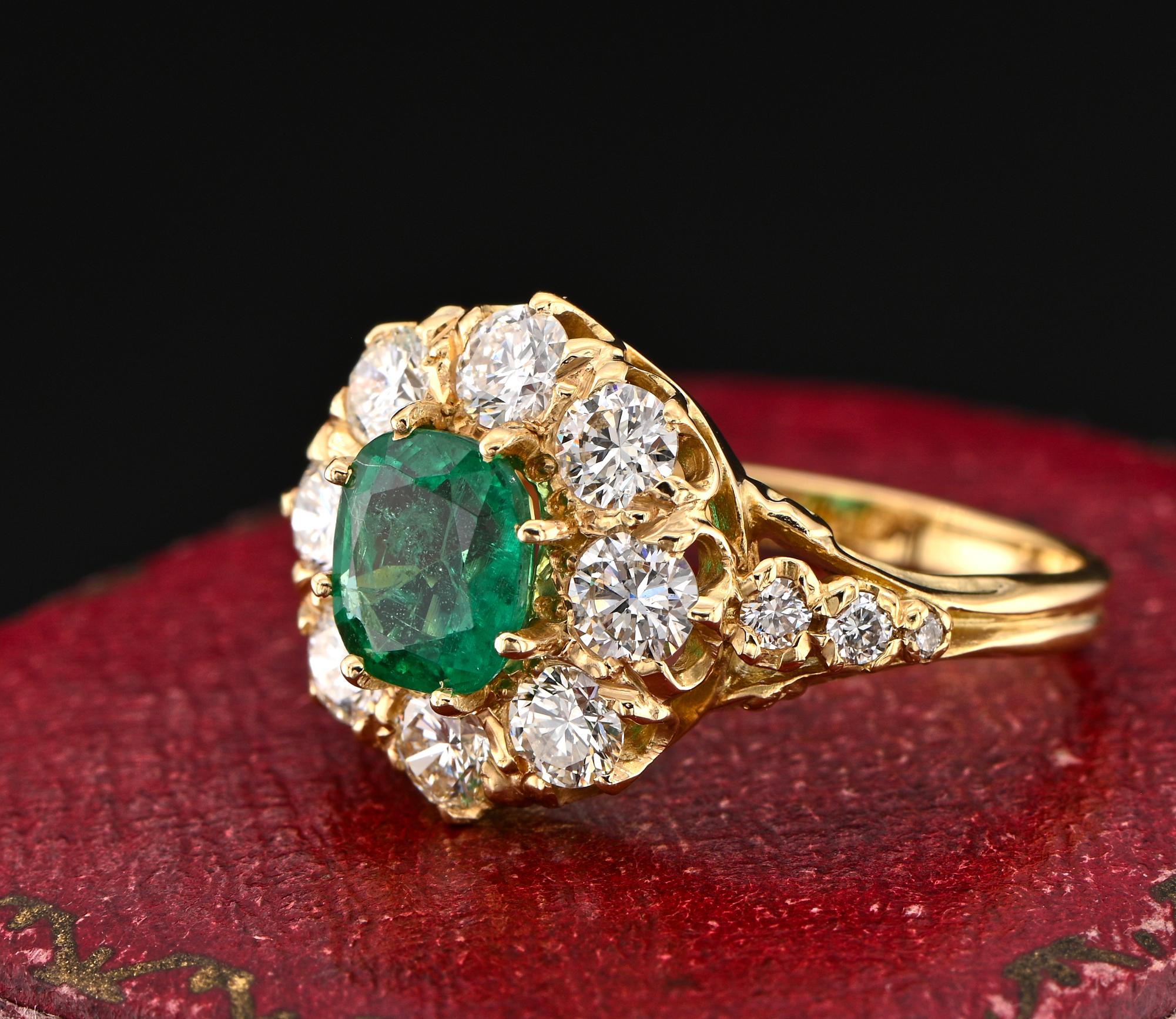 Vintage English 1.30 Ct Colombian Emerald 1.60 Ct Diamond Cluster Ring For Sale 1