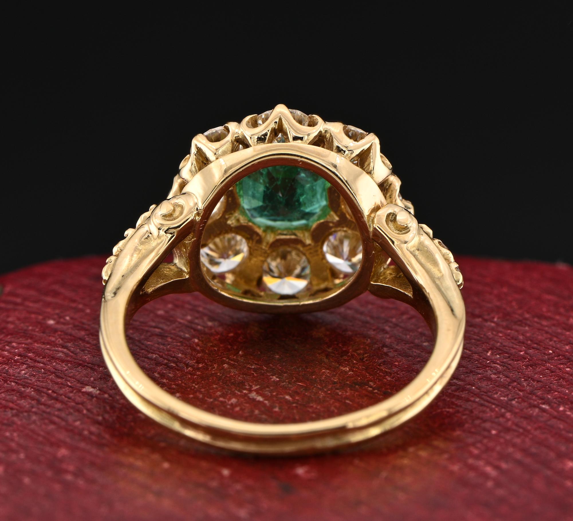 Vintage English 1.30 Ct Colombian Emerald 1.60 Ct Diamond Cluster Ring For Sale 2