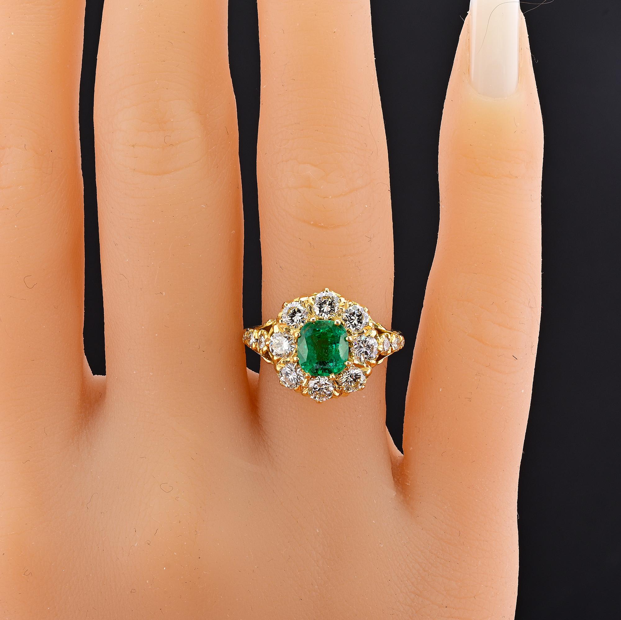 Vintage English 1.30 Ct Colombian Emerald 1.60 Ct Diamond Cluster Ring For Sale 3