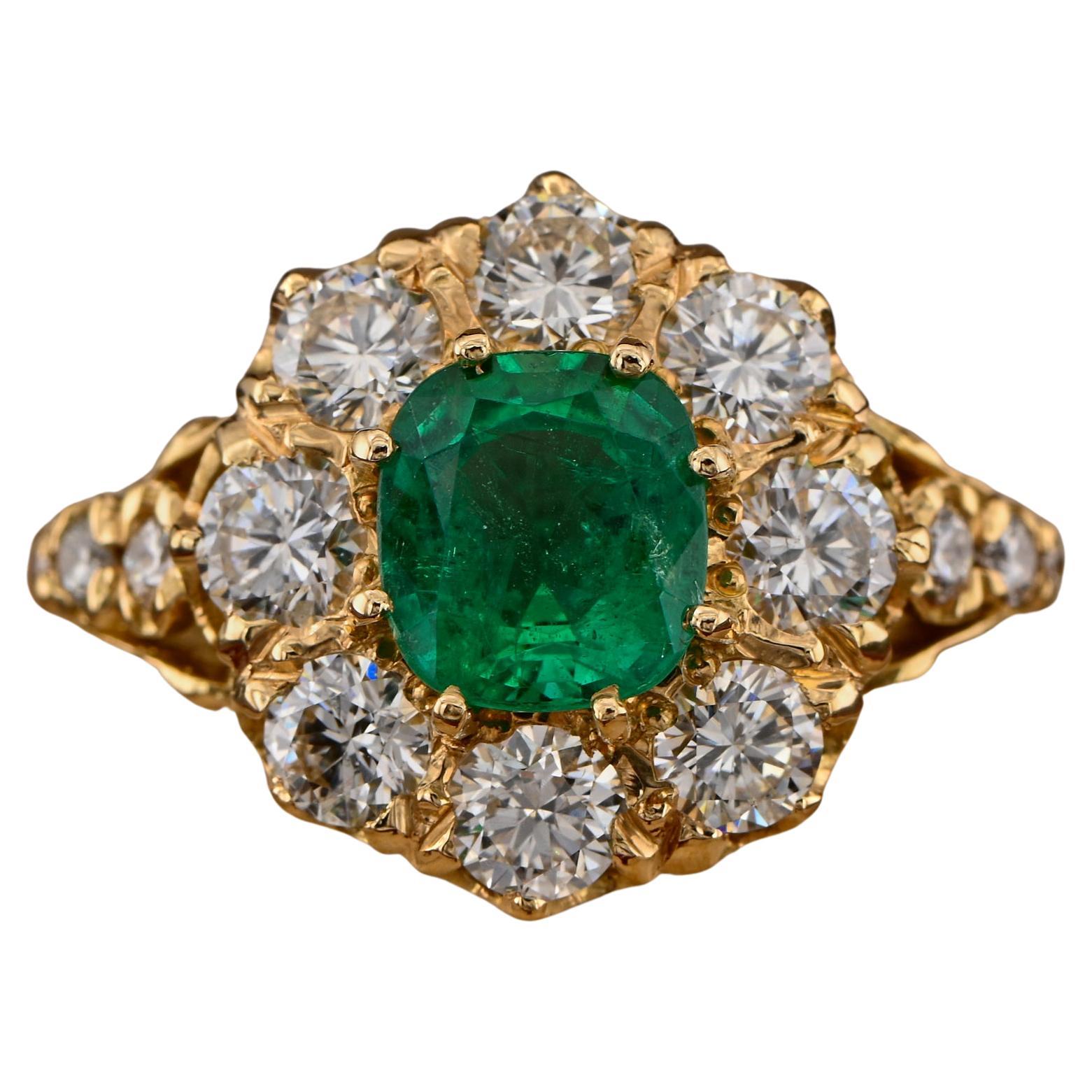 Vintage English 1.30 Ct Colombian Emerald 1.60 Ct Diamond Cluster Ring For Sale