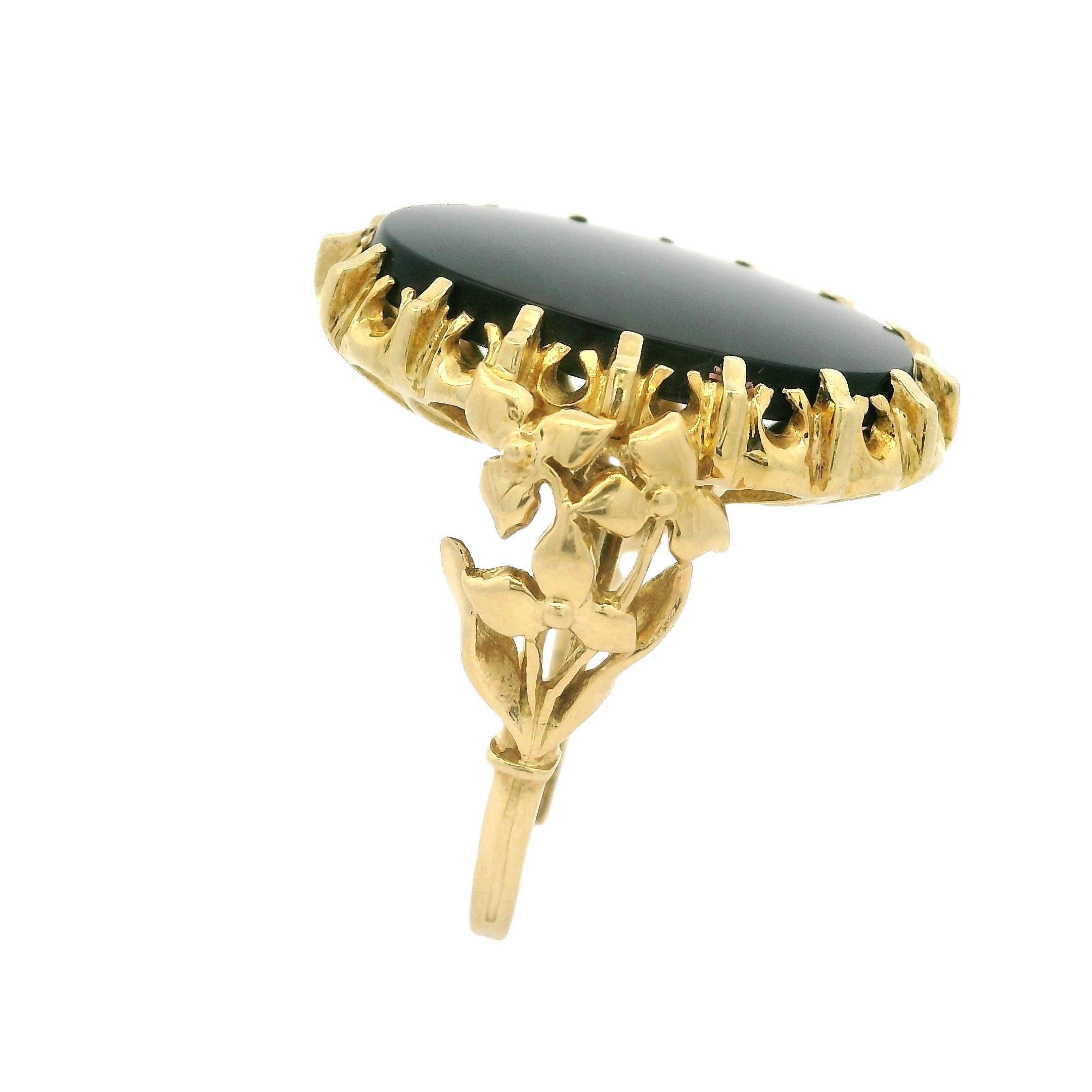 Vintage English 18k Gold Oval Schwarz Onyx Floral Sides Platter Cocktail Ring im Angebot 4