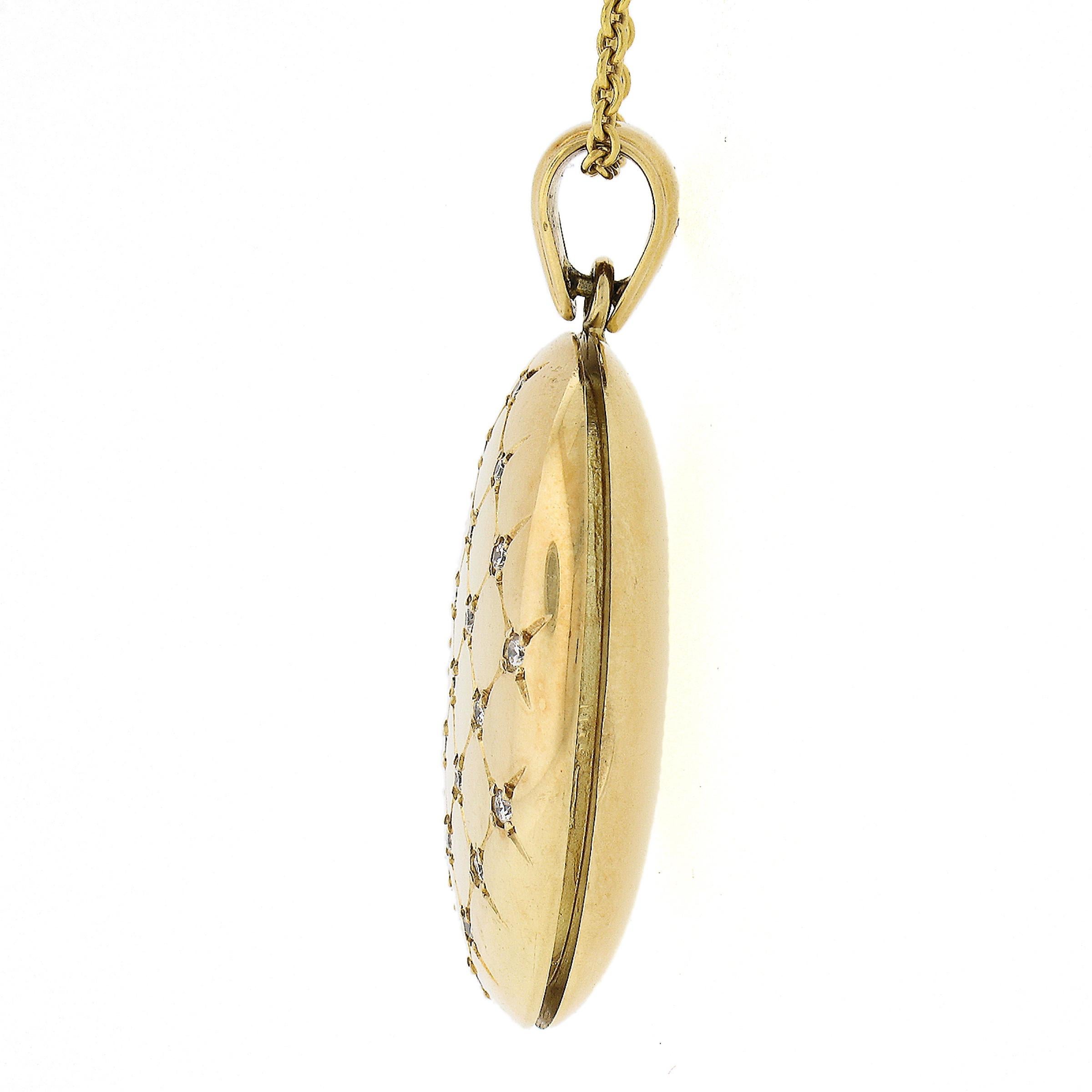 Women's Vintage English 18k Gold Tufted Diamond Oval Locket Pendant w/ 18