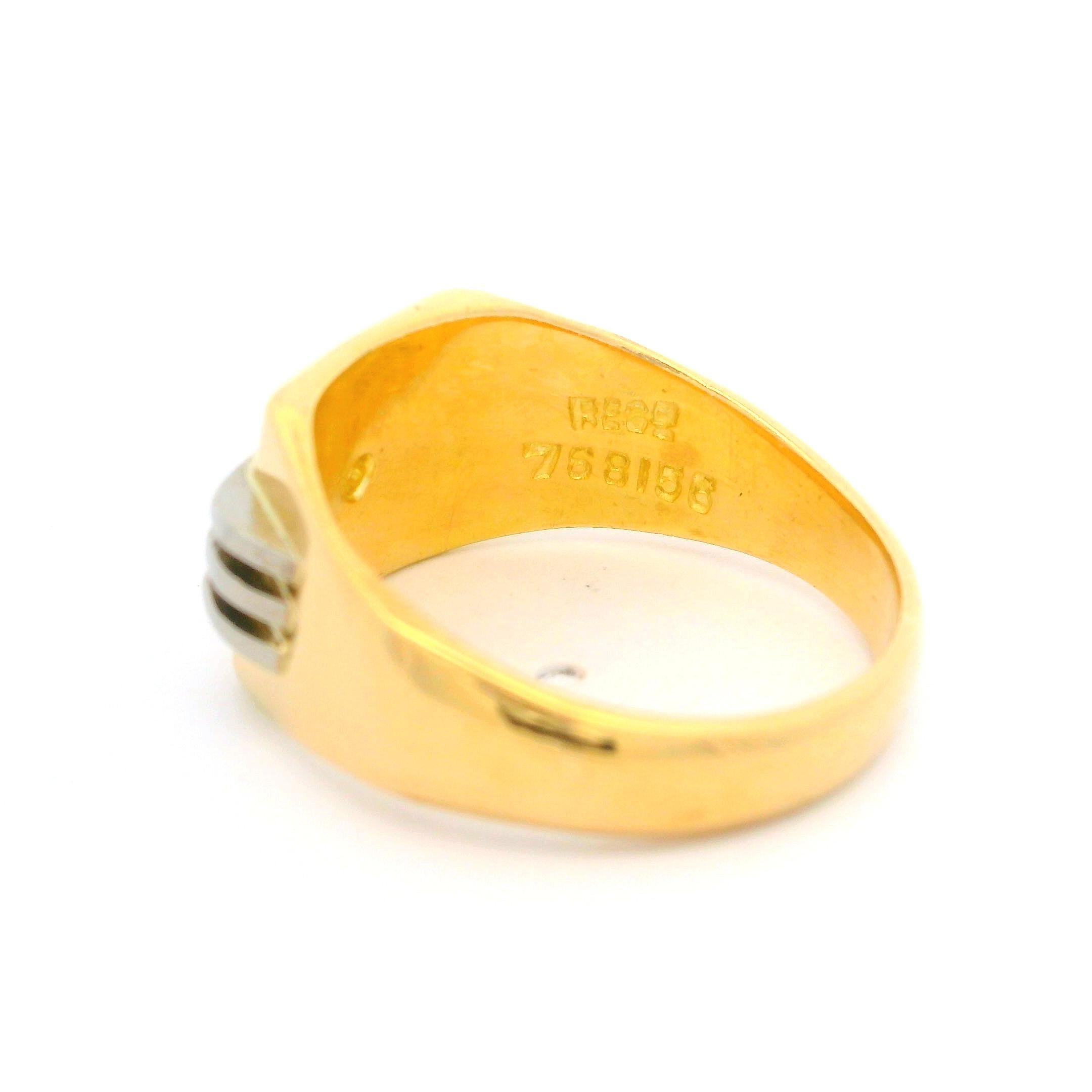 Single Cut Vintage English 18k Tt Gold 0.02ctw Diamond Rectangular Grooved Signet Band Ring For Sale