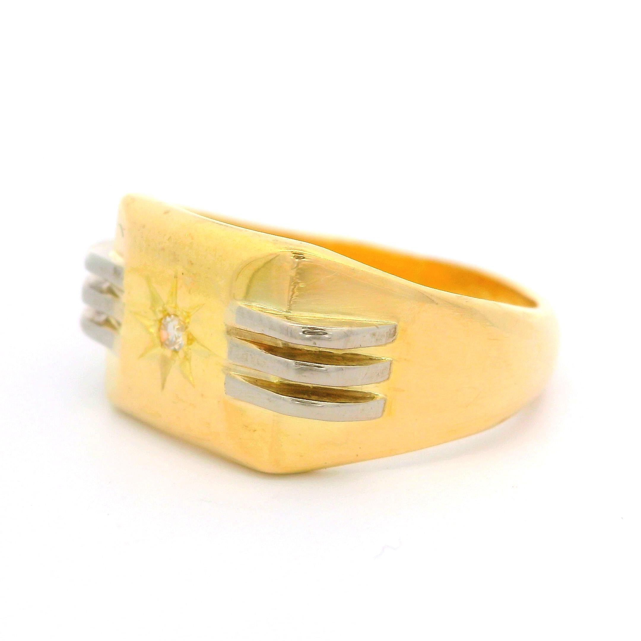 Women's or Men's Vintage English 18k Tt Gold 0.02ctw Diamond Rectangular Grooved Signet Band Ring For Sale