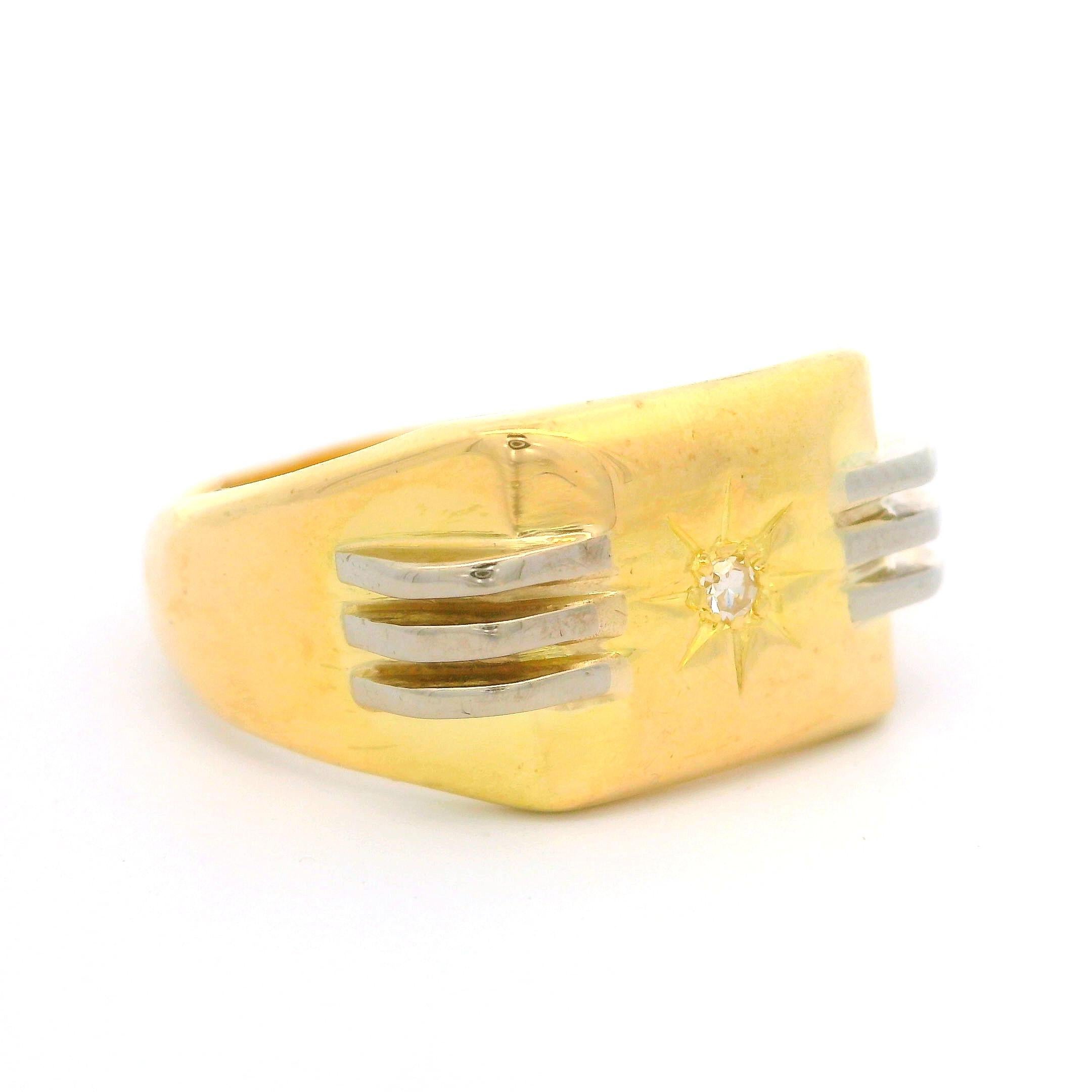 Vintage English 18k Tt Gold 0.02ctw Diamond Rectangular Grooved Signet Band Ring For Sale 1