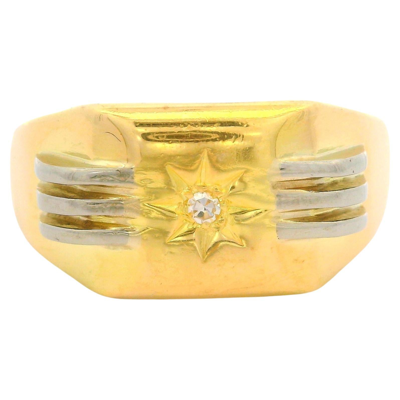 Vintage English 18k Tt Gold 0.02ctw Diamond Rectangular Grooved Signet Band Ring For Sale