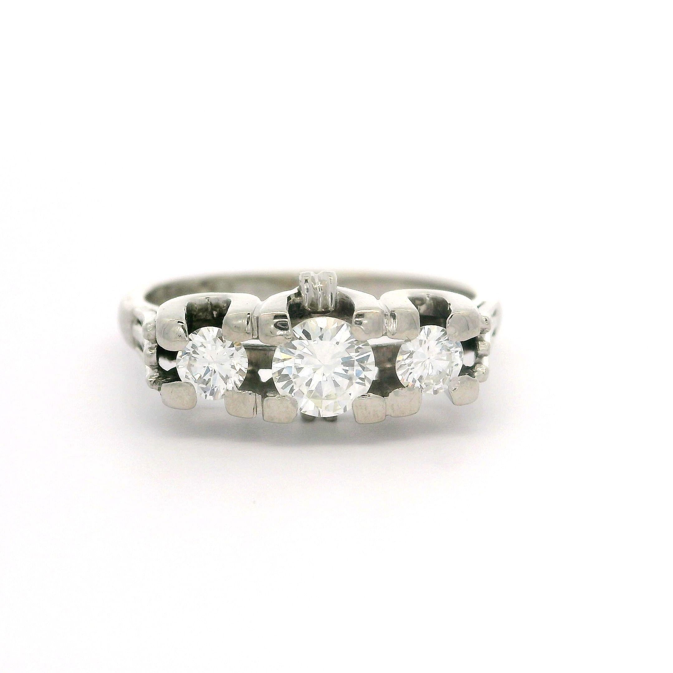 Vintage English 18k White Gold 0.72ctw Round Cut Diamond 3 Stone Ring For Sale 6