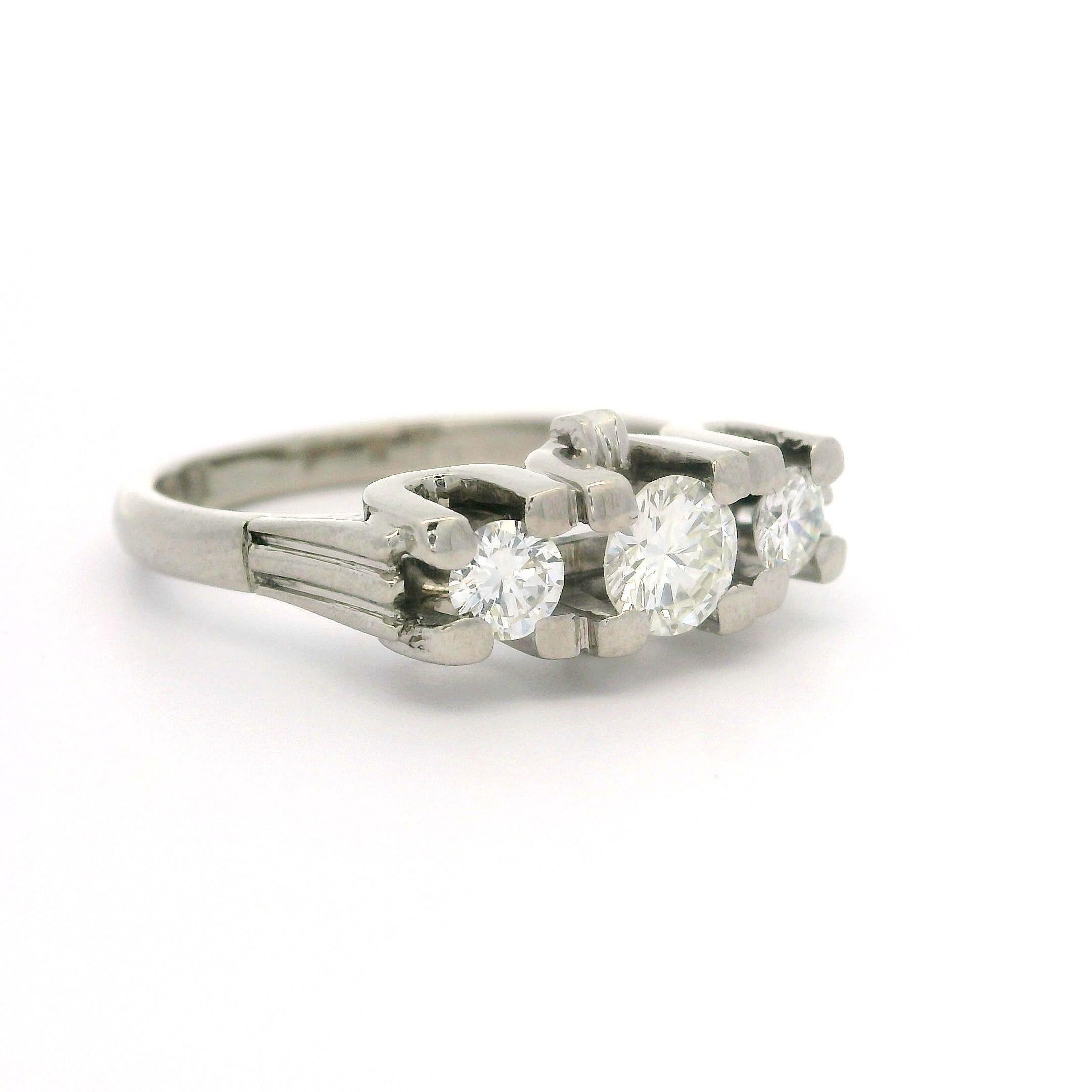 Vintage English 18k White Gold 0.72ctw Round Cut Diamond 3 Stone Ring For Sale 7