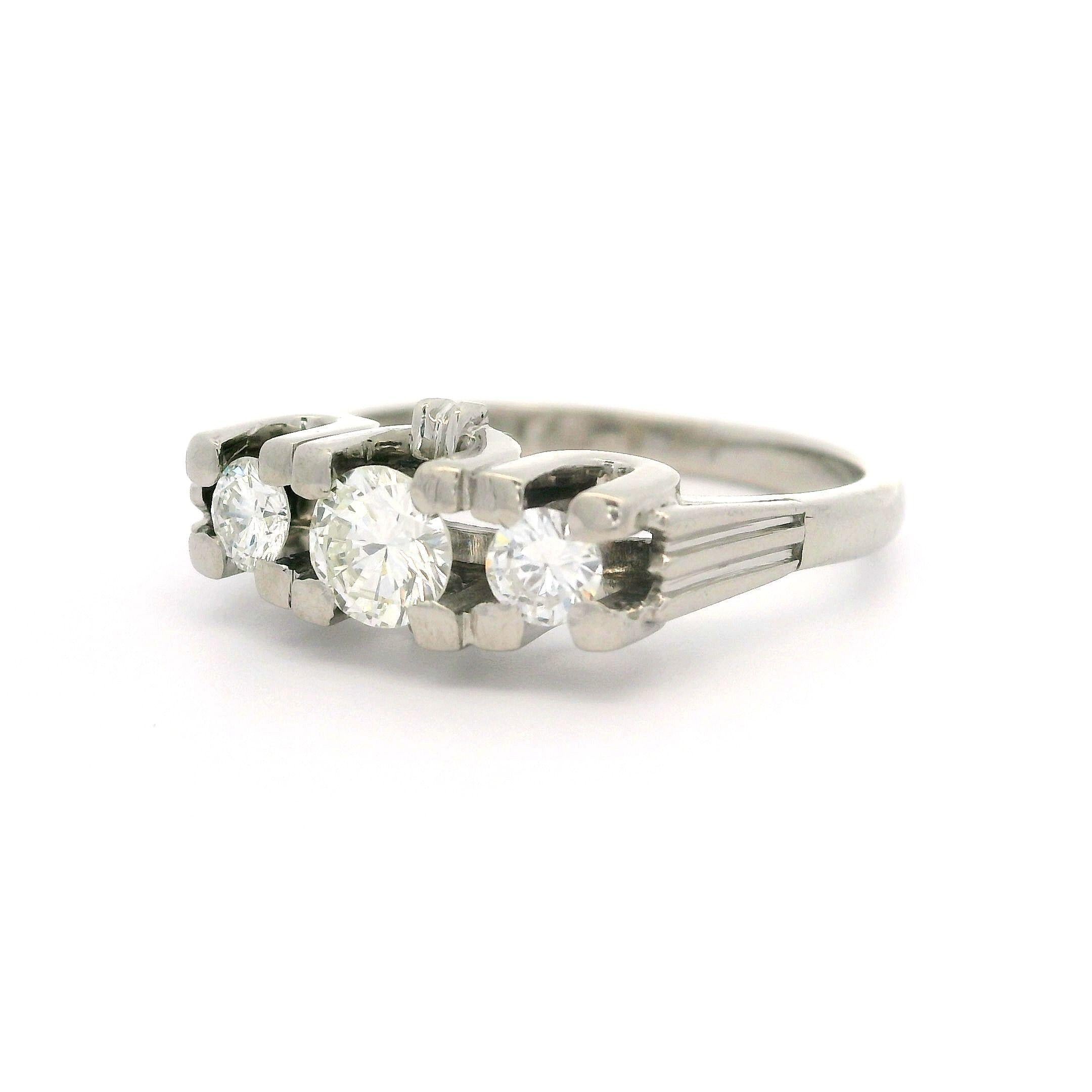 Vintage English 18k White Gold 0.72ctw Round Cut Diamond 3 Stone Ring For Sale 8