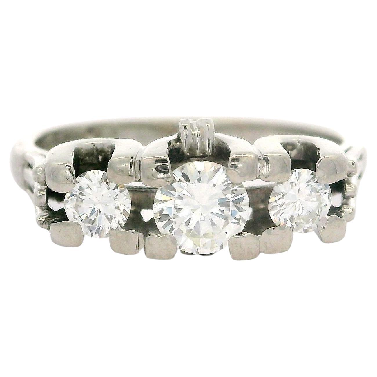 Vintage English 18k White Gold 0.72ctw Round Cut Diamond 3 Stone Ring For Sale