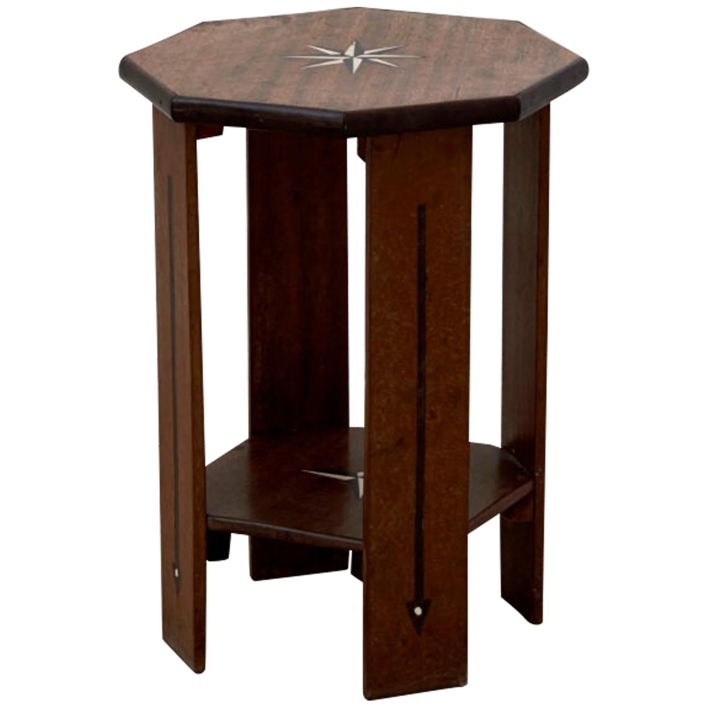 Vintage English 1930s Small Octagonal Side Table in Teak with Ebony and Bone 