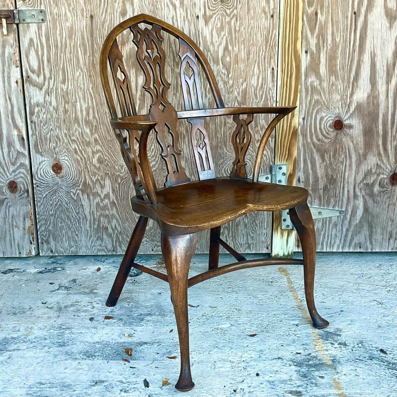Vintage English 19th Century “Gothik” Yew Wood Windsor Arm Chair In Good Condition In west palm beach, FL